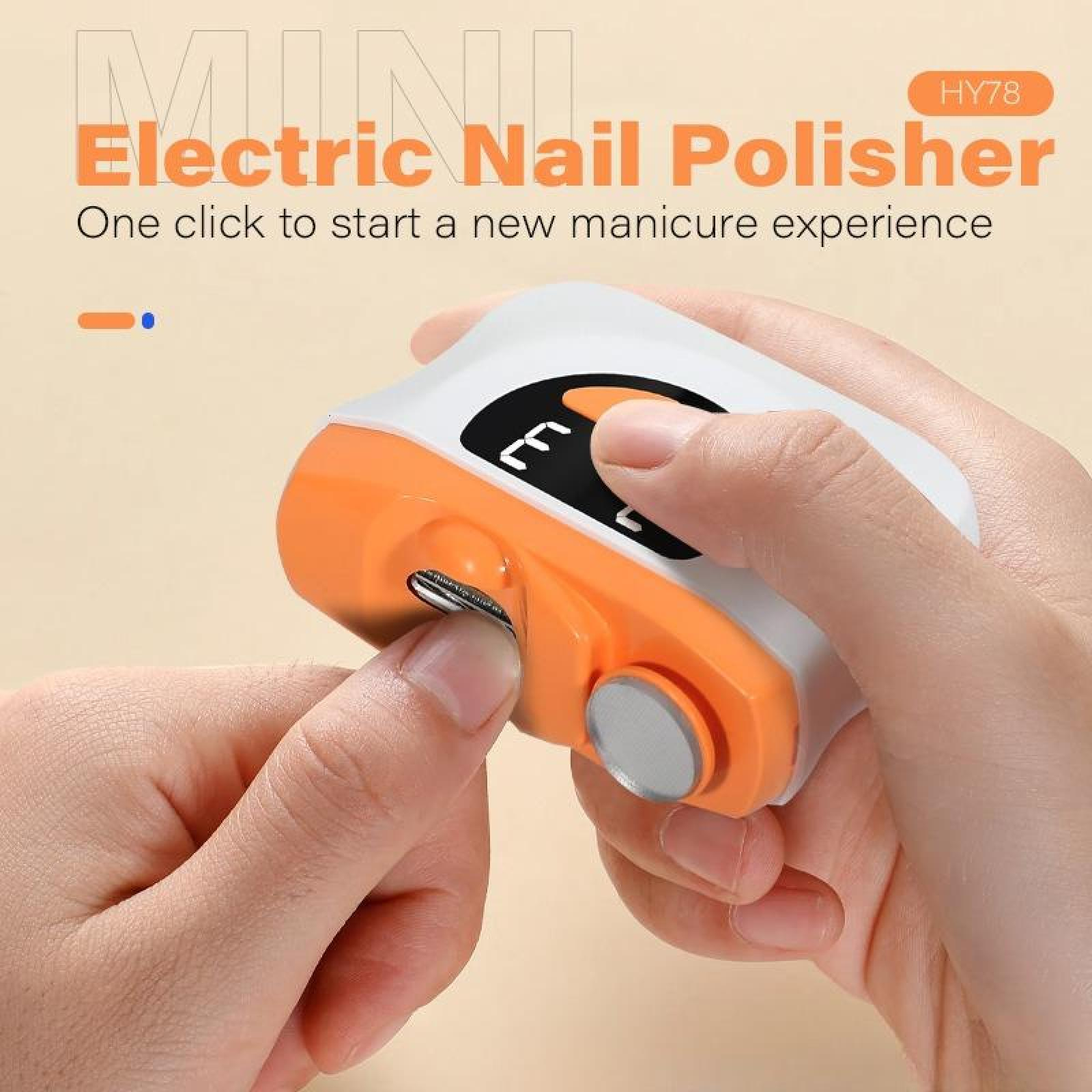 Eine Person hält einen orange-weißen elektrischen Nagellack. Das Bild hat Text, der sagt Elektrischer Nagellack.