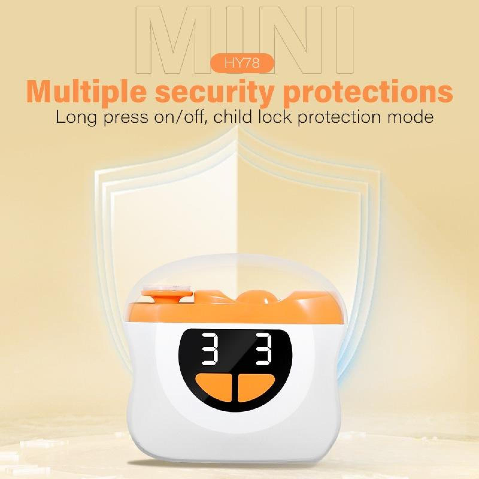 Ein weiß-oranges Gerät mit digitaler Anzeige '3 3'. Es hat eine Schildgrafik und Text über Sicherheit.