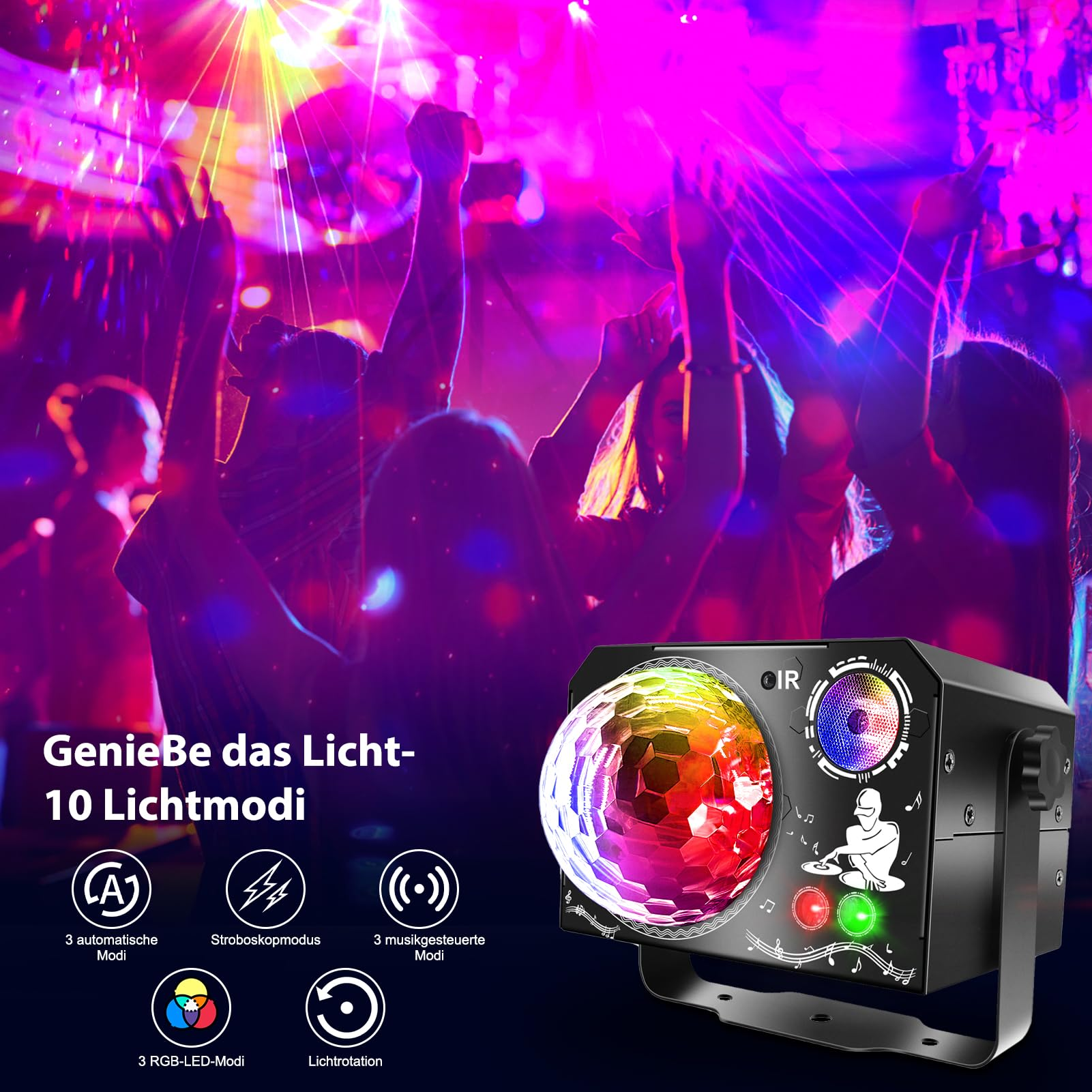 Tanzende Menschen unter bunten Lichtern. Eine Discokugel und ein Lichtprojektor sind im Vordergrund.
