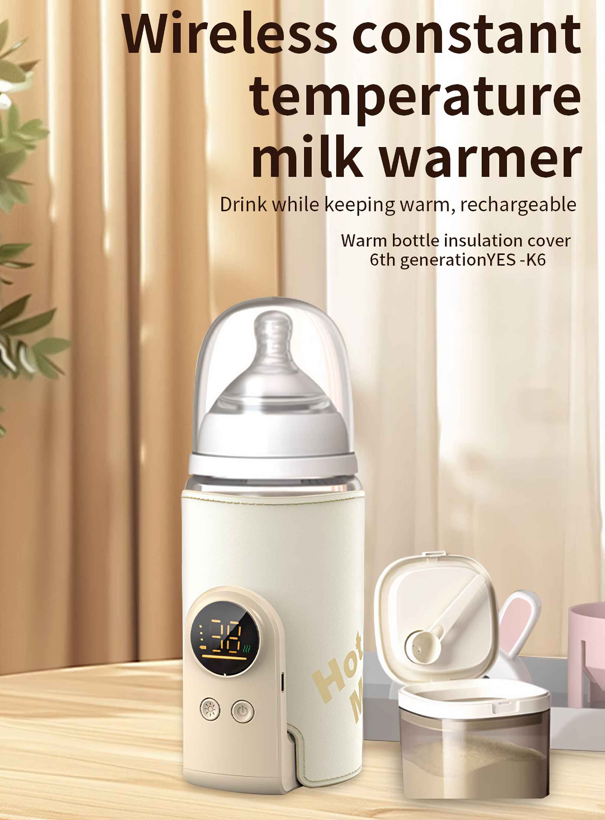 Ein Milchwärmer mit Flasche, Pulverbehälter und Digitalanzeige, alles vor neutralem Hintergrund.