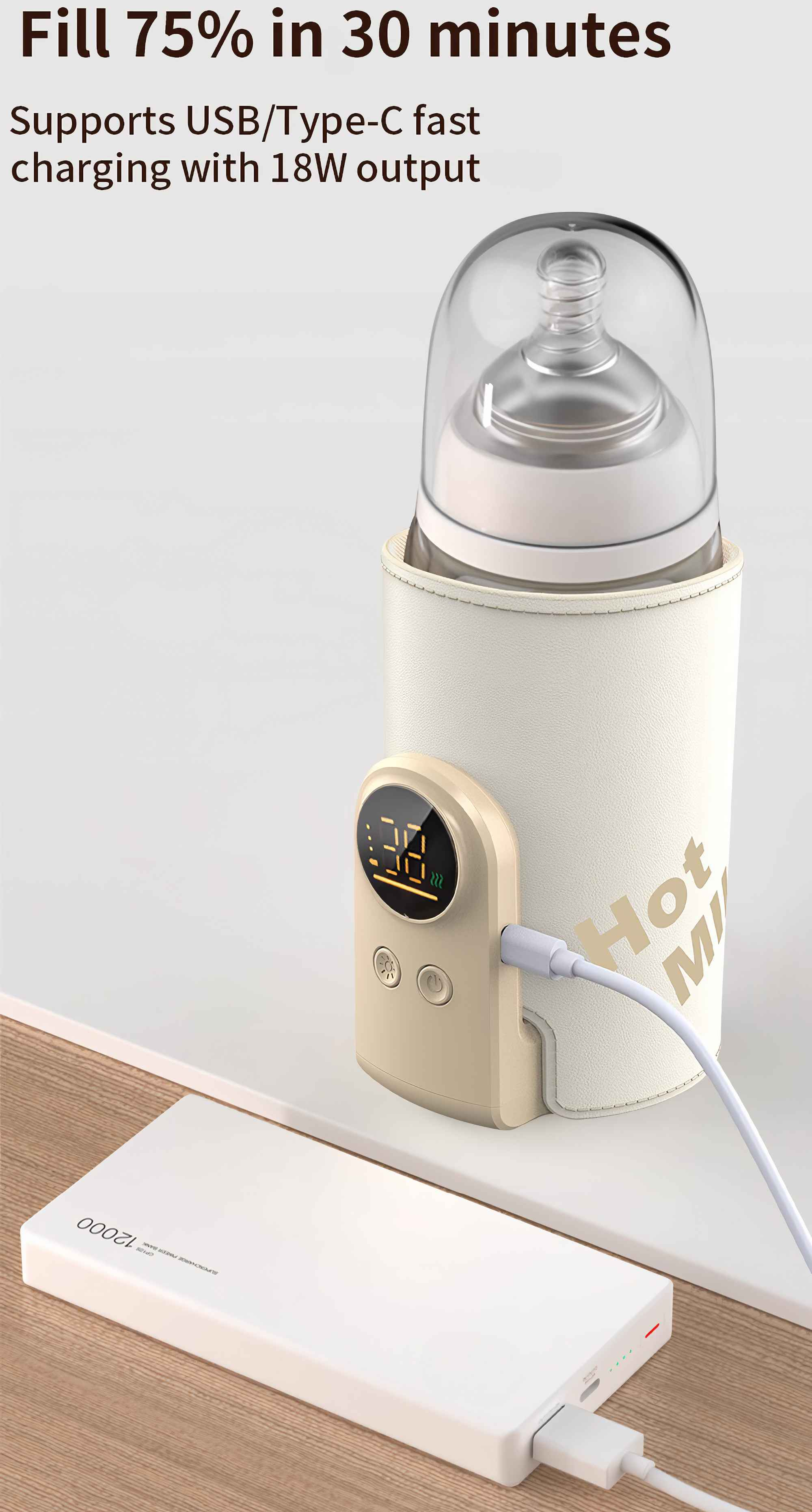 Ein Babyflaschenwärmer mit Digitalanzeige ist über ein USB-Kabel mit einer Powerbank verbunden. Der Flaschenwärmer hat Text darauf.