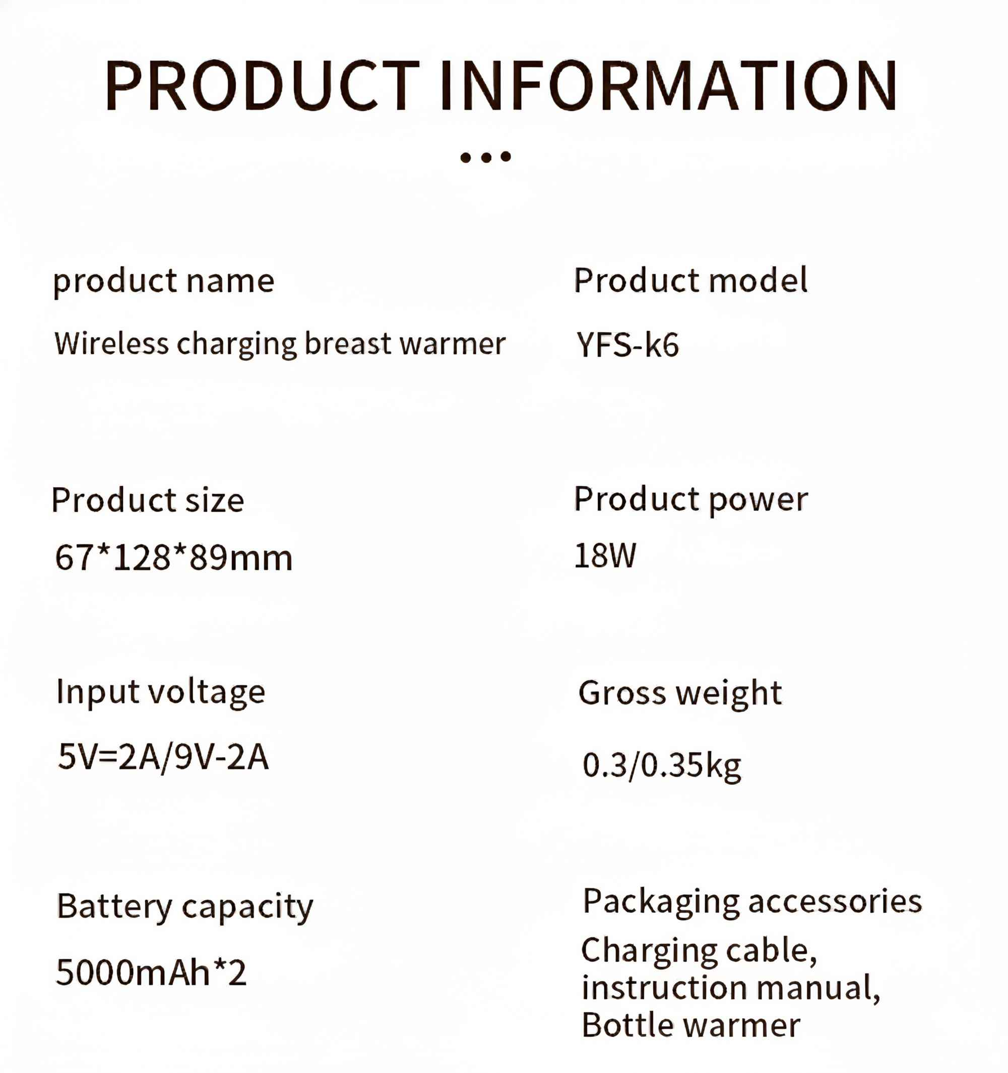 Produkttabelle. Details umfassen Produktname, Modell, Größe, Leistung, Spannung, Gewicht, Batterie und Zubehör.