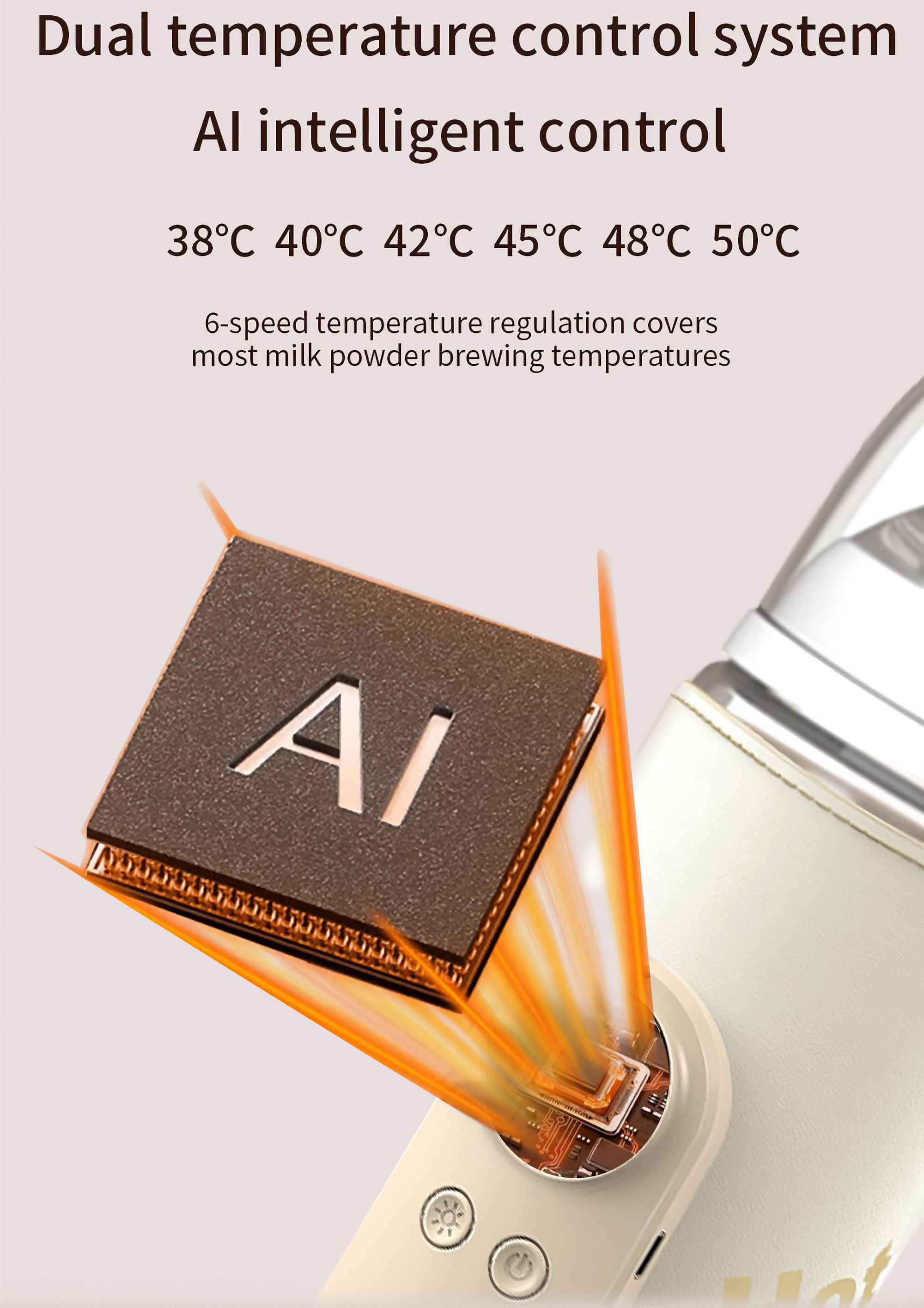 Das Bild zeigt ein KI-gesteuertes Milchpulver-Brühgerät. Es zeigt Temperatureinstellungen und Produktdetails.