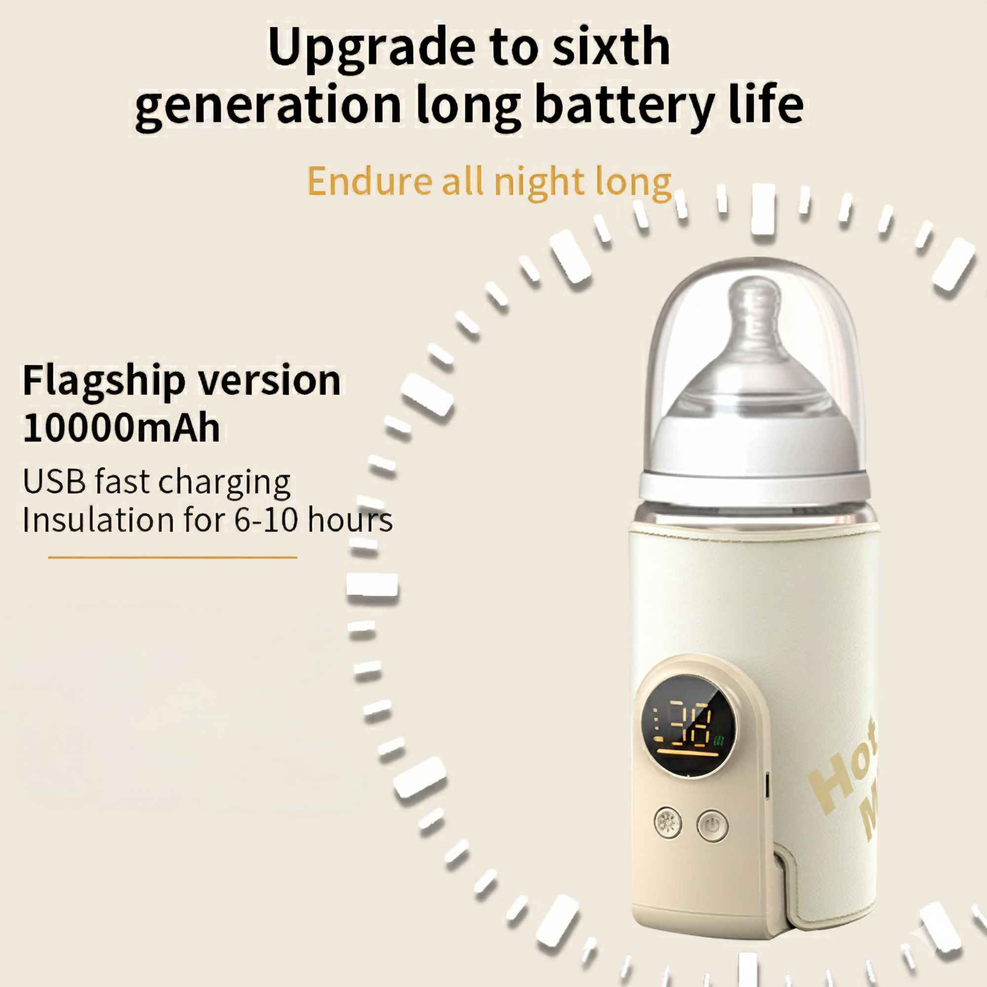 Ein Babyflaschenwärmer mit Digitalanzeige und Flasche. Text enthält Akkulaufzeit, USB-Aufladung und Isolierung.