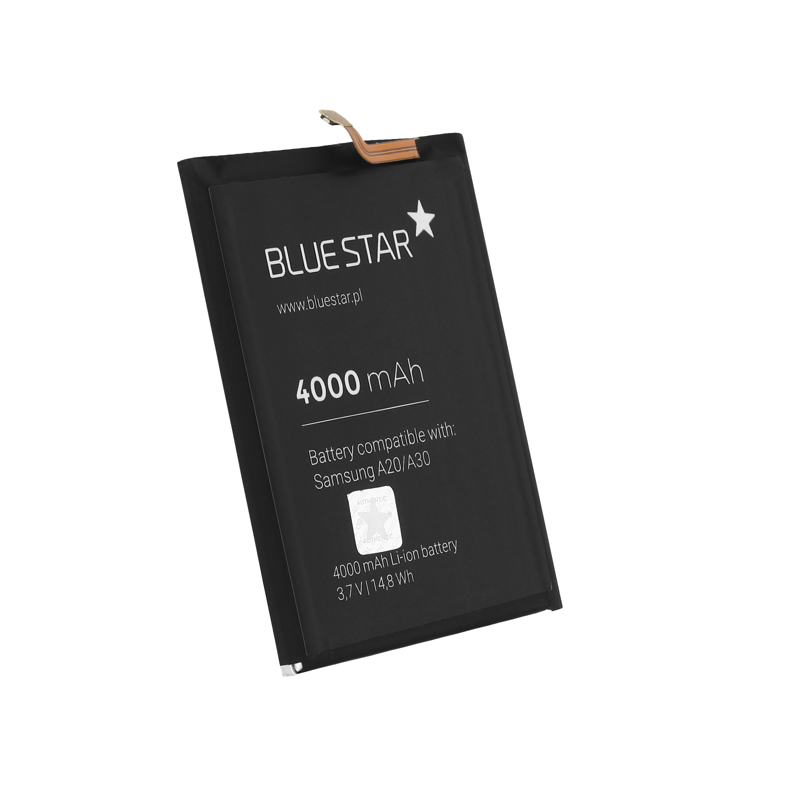 Una batteria nera Blue Star con testo: 4000 mAh, compatibile con Samsung A20/A30 e un piccolo connettore.