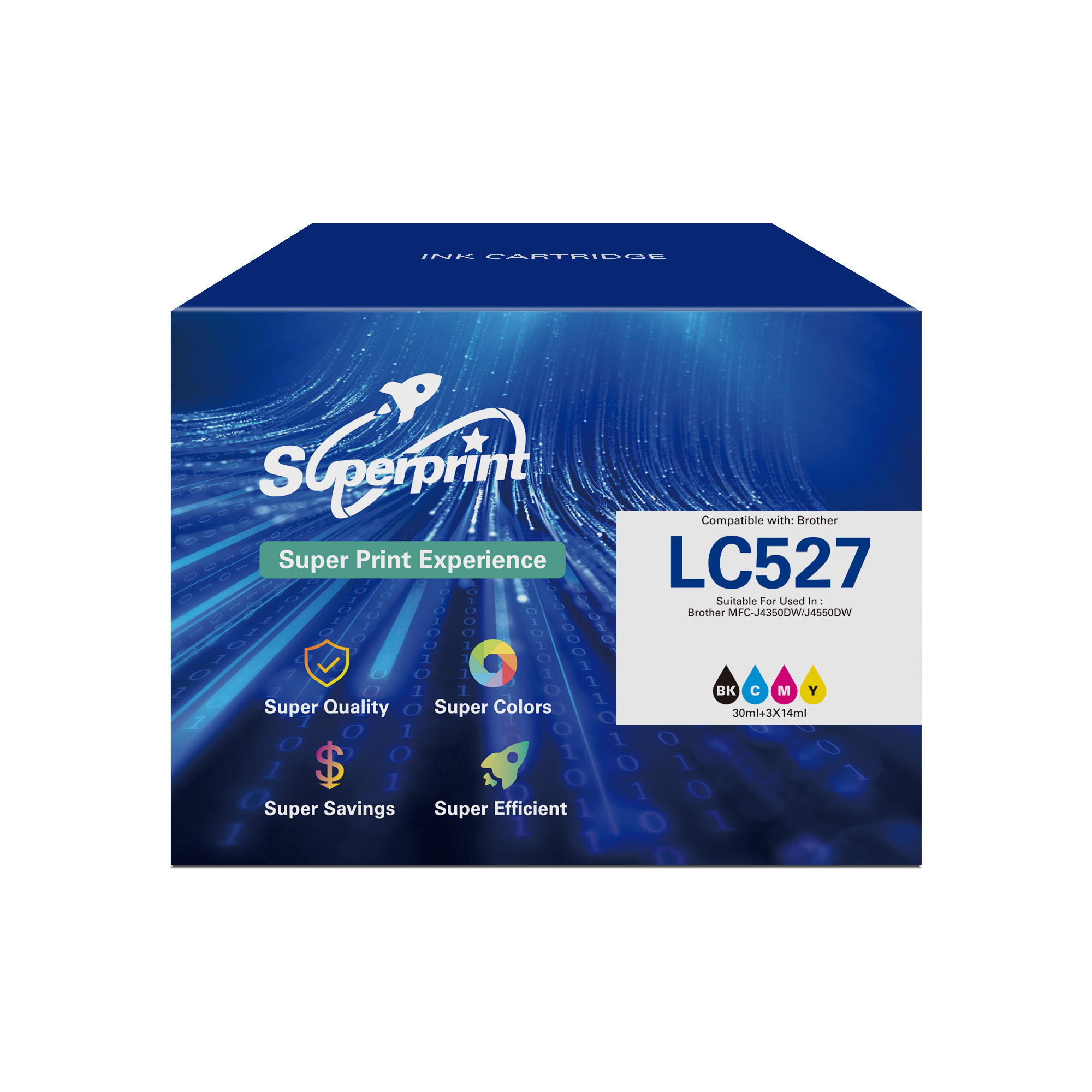 Tintenpatronenbox. Blau und weiß mit Text und Logos, einschließlich 'Superprint' und 'LC527'.