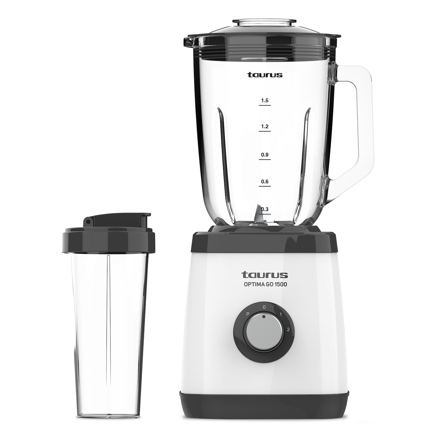Ein weißer und schwarzer Taurus Optima GO 1500 Mixer mit separatem Becher. Der Mixer hat einen durchsichtigen Krug und einen Drehregler.