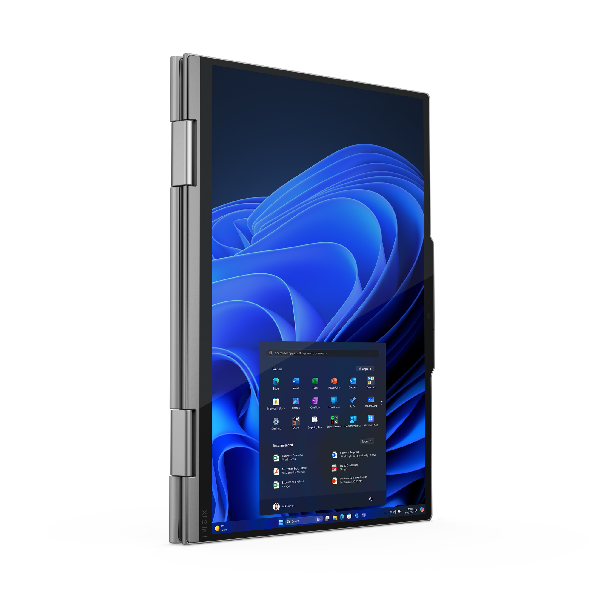 Un laptop argentato è aperto e mostra l'interfaccia di Windows 11. Lo schermo mostra icone di app e uno sfondo blu astratto.