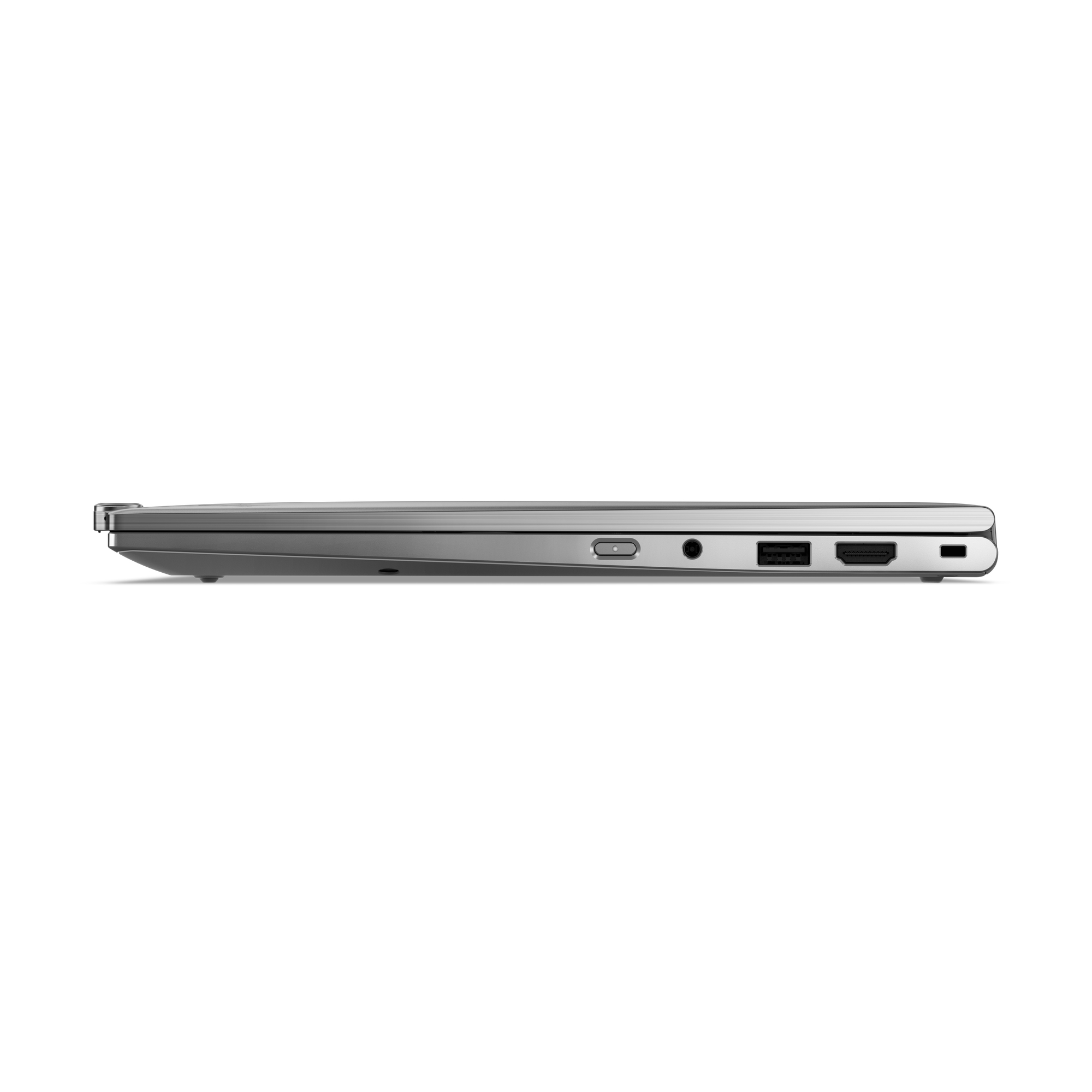 Vista laterale di un laptop argentato. Le porte visibili includono USB, HDMI e jack audio. Il laptop è chiuso.