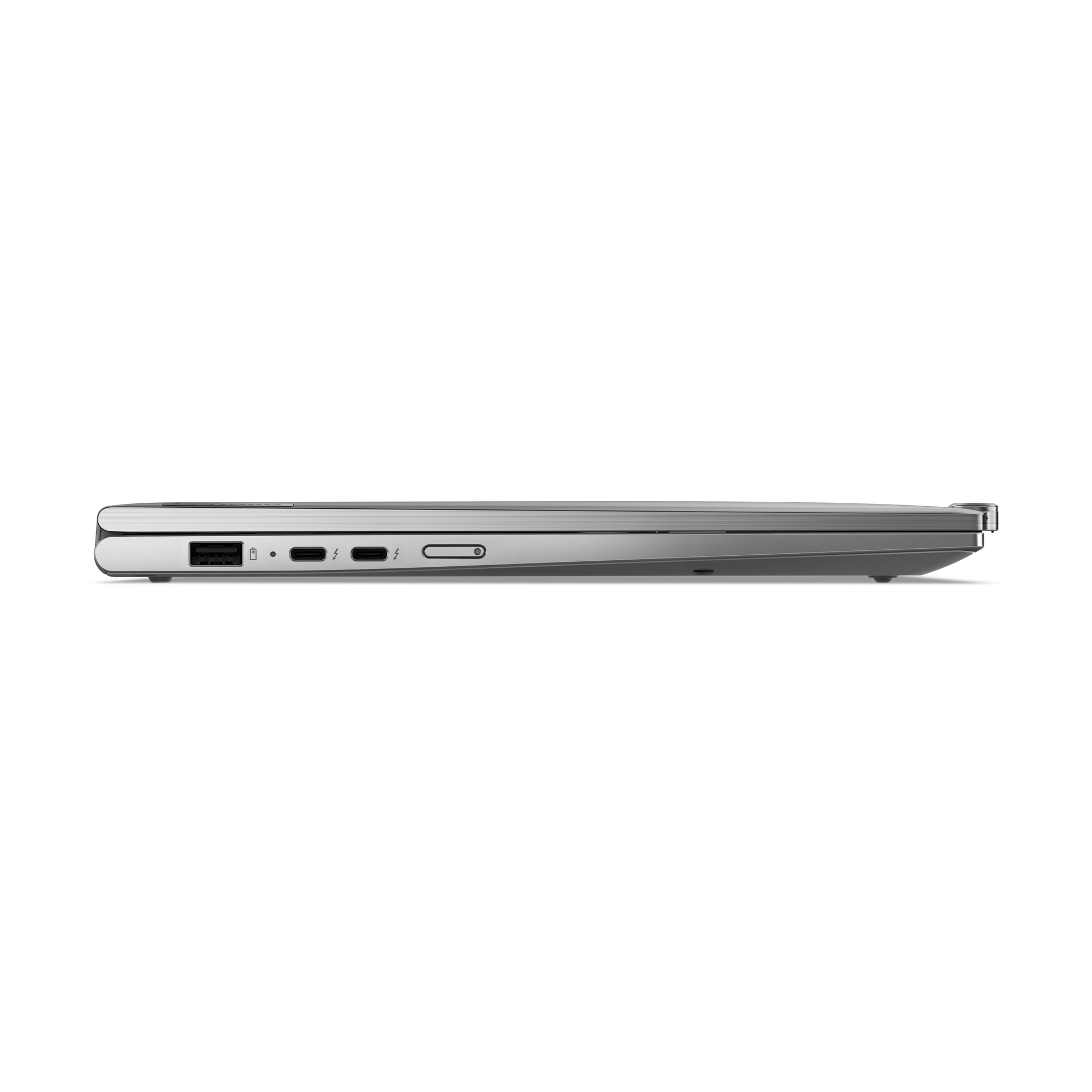 Un laptop argentato chiuso, vista laterale, che mostra le porte e un pulsante di accensione su sfondo bianco.