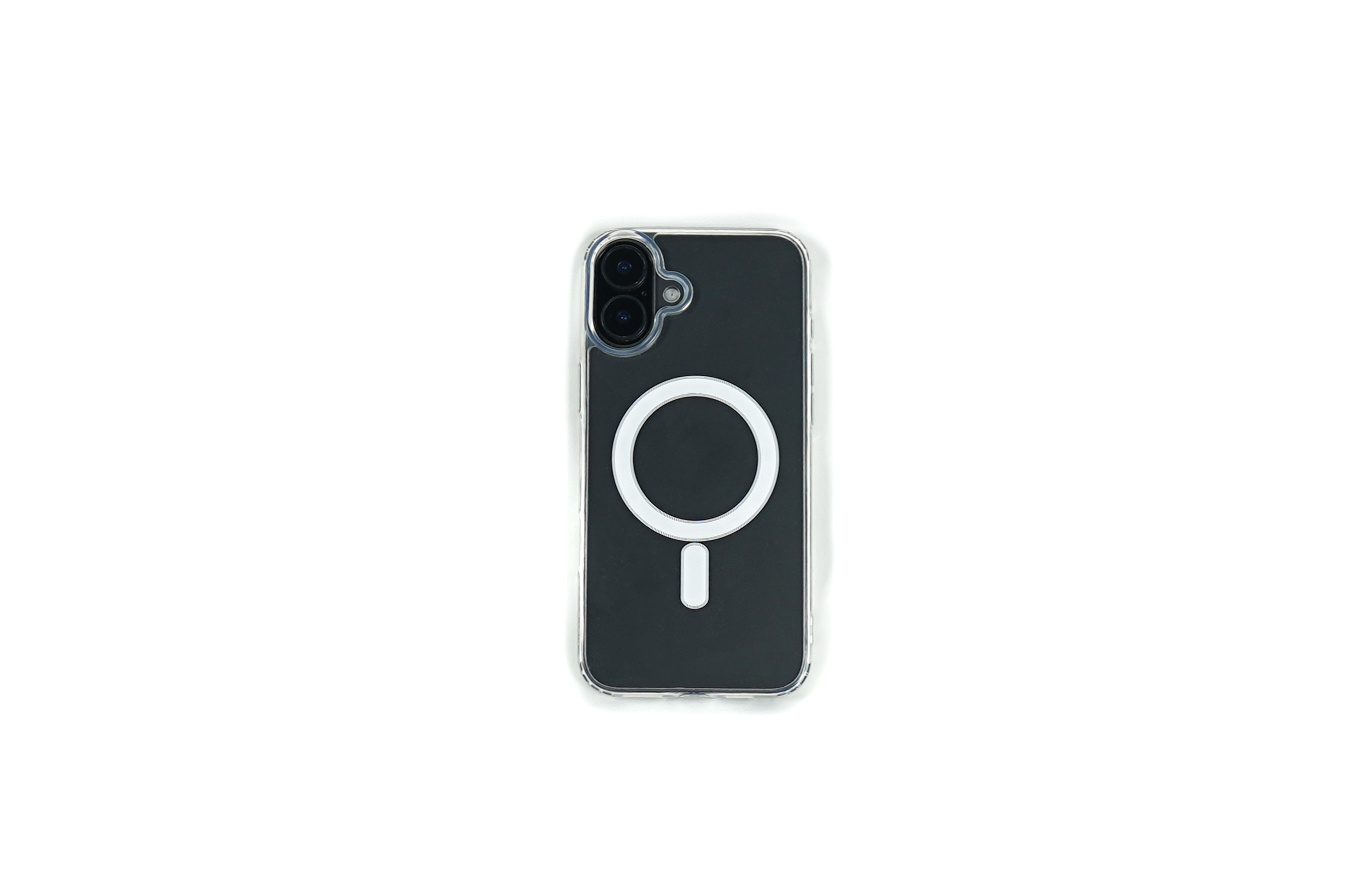 Ein schwarzes Telefon in einer durchsichtigen Hülle mit weißem Magnetring auf weißem Hintergrund.