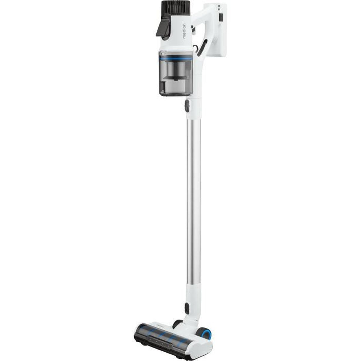 A white and silver cordless vacuum cleaner. It has a main body, a long tube, and a cleaning head.