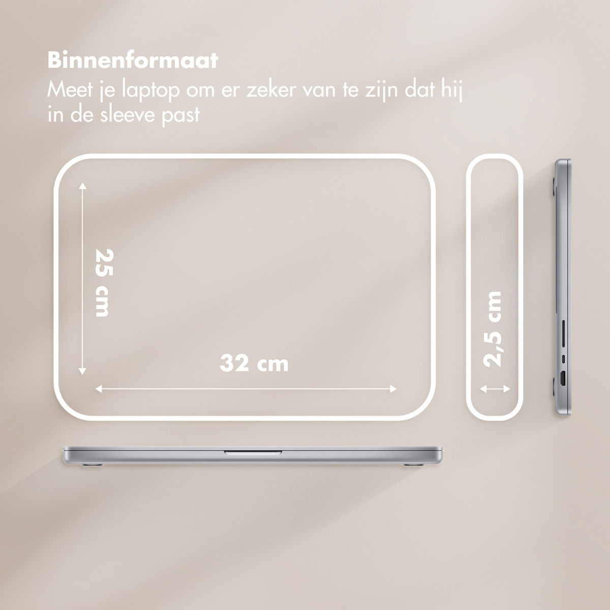 Image shows dimensions of a laptop and sleeve. The laptop is silver. Dimensions are 25cm x 32cm x 2.5cm.