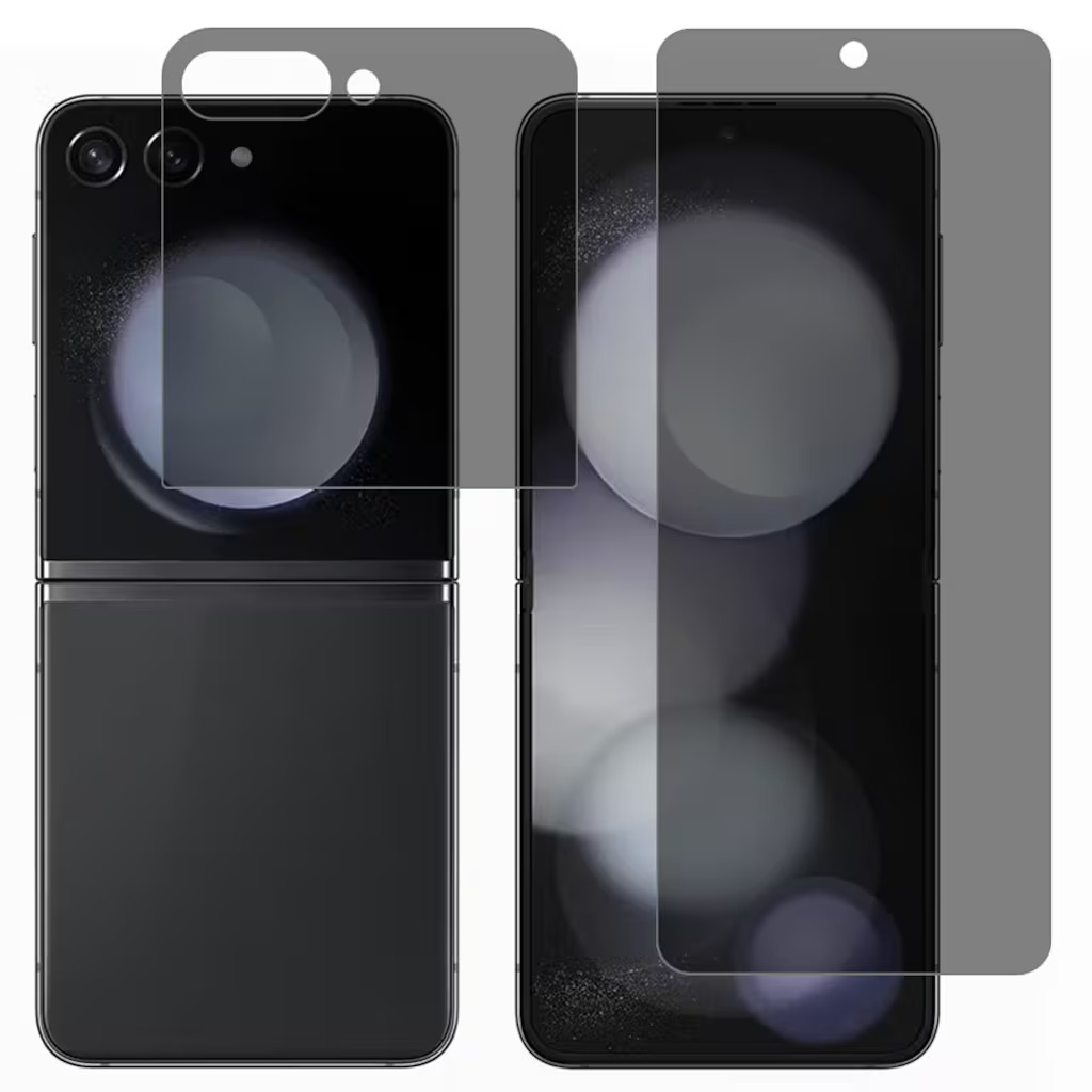 Zwei schwarze Smartphones mit Displayschutzfolien. Eines gefaltet, das andere ausgeklappt. Beide haben dunkle Displays und Kameraausschnitte.
