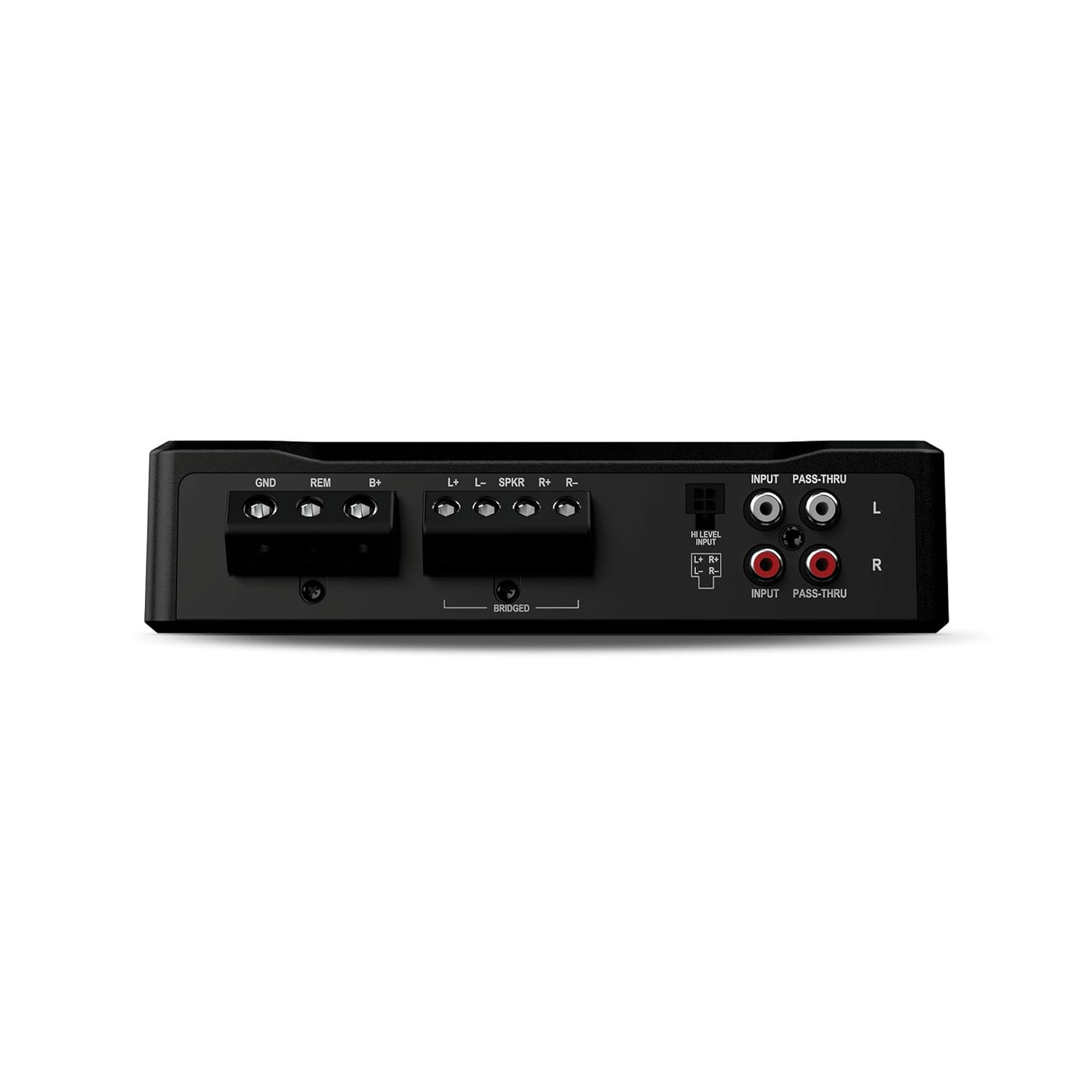 Schwarzer Audioverstärker mit verschiedenen Ein-/Ausgangsanschlüssen, beschriftet mit GND, REM, B+, L+, L-, SPKR, R+, R-, INPUT, PASS-THRU.