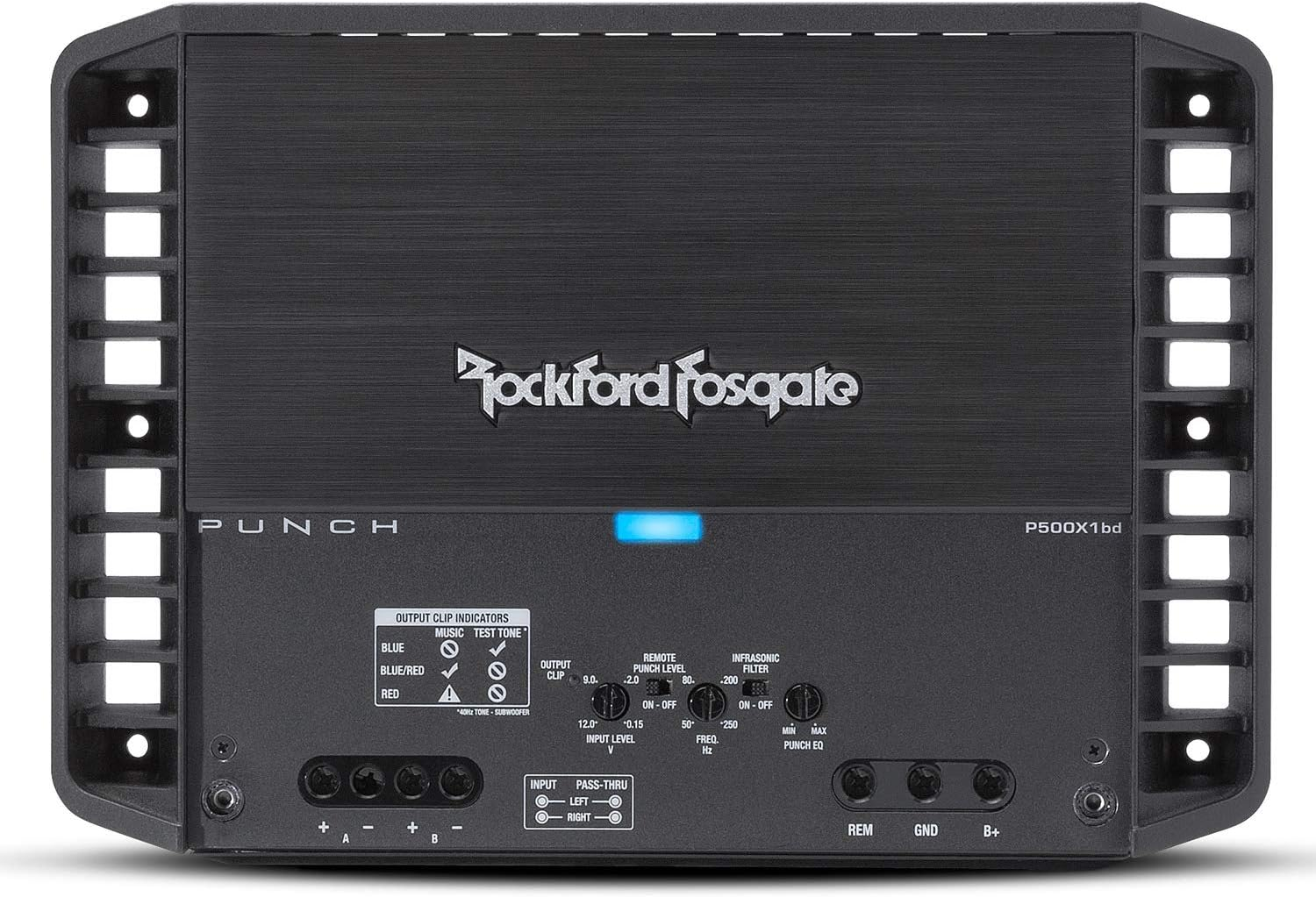 Schwarzer Rockford Fosgate P500X1bd Auto-Verstärker mit blauen und weißen Etiketten, Knöpfen und Lichtern. Text: PUNCH, OUTPUT CLIP INDICATORS.