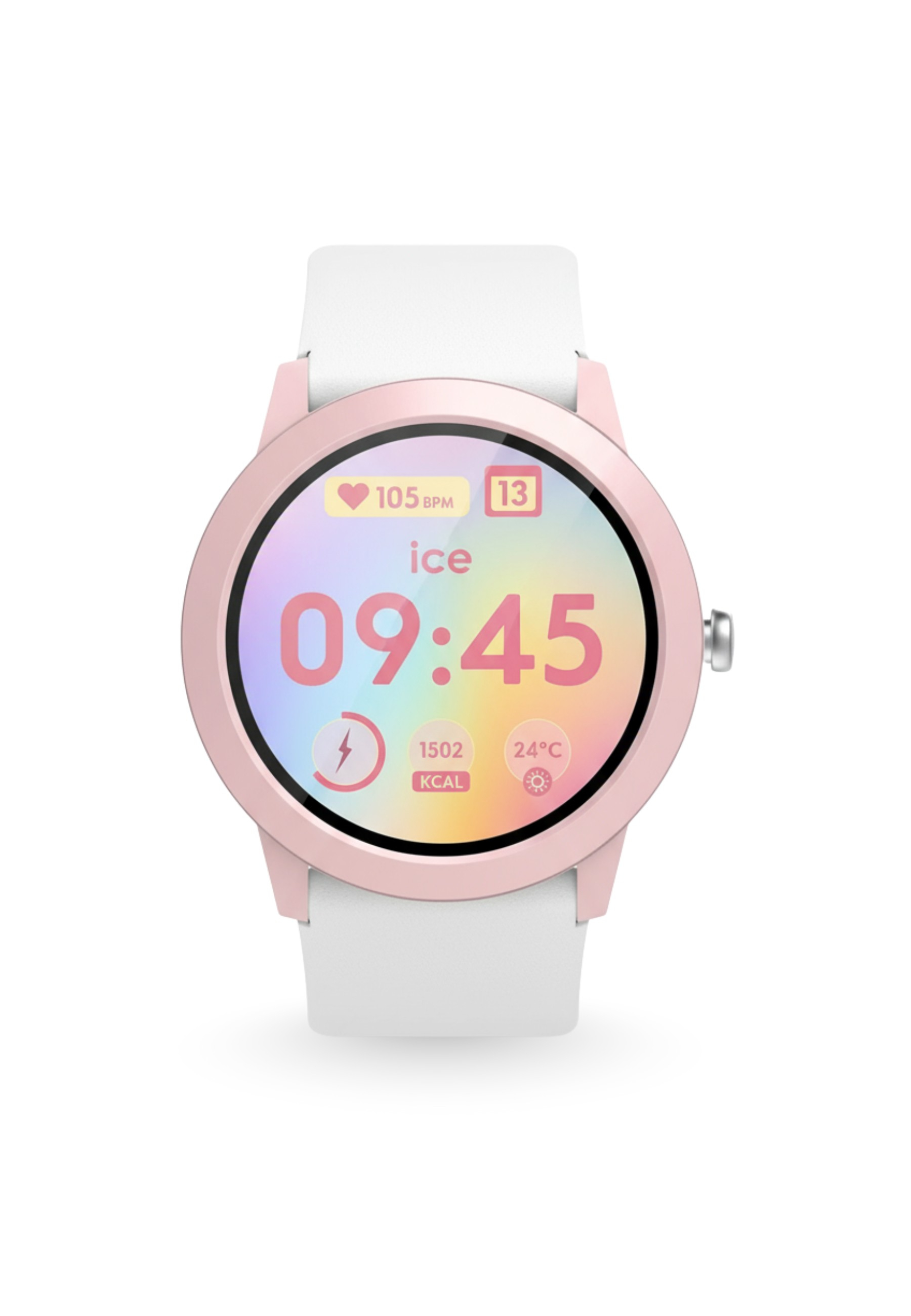 Eine rosa Smartwatch mit weißen Armbändern. Der Bildschirm zeigt Uhrzeit, Datum, Herzfrequenz und Temperatur an.