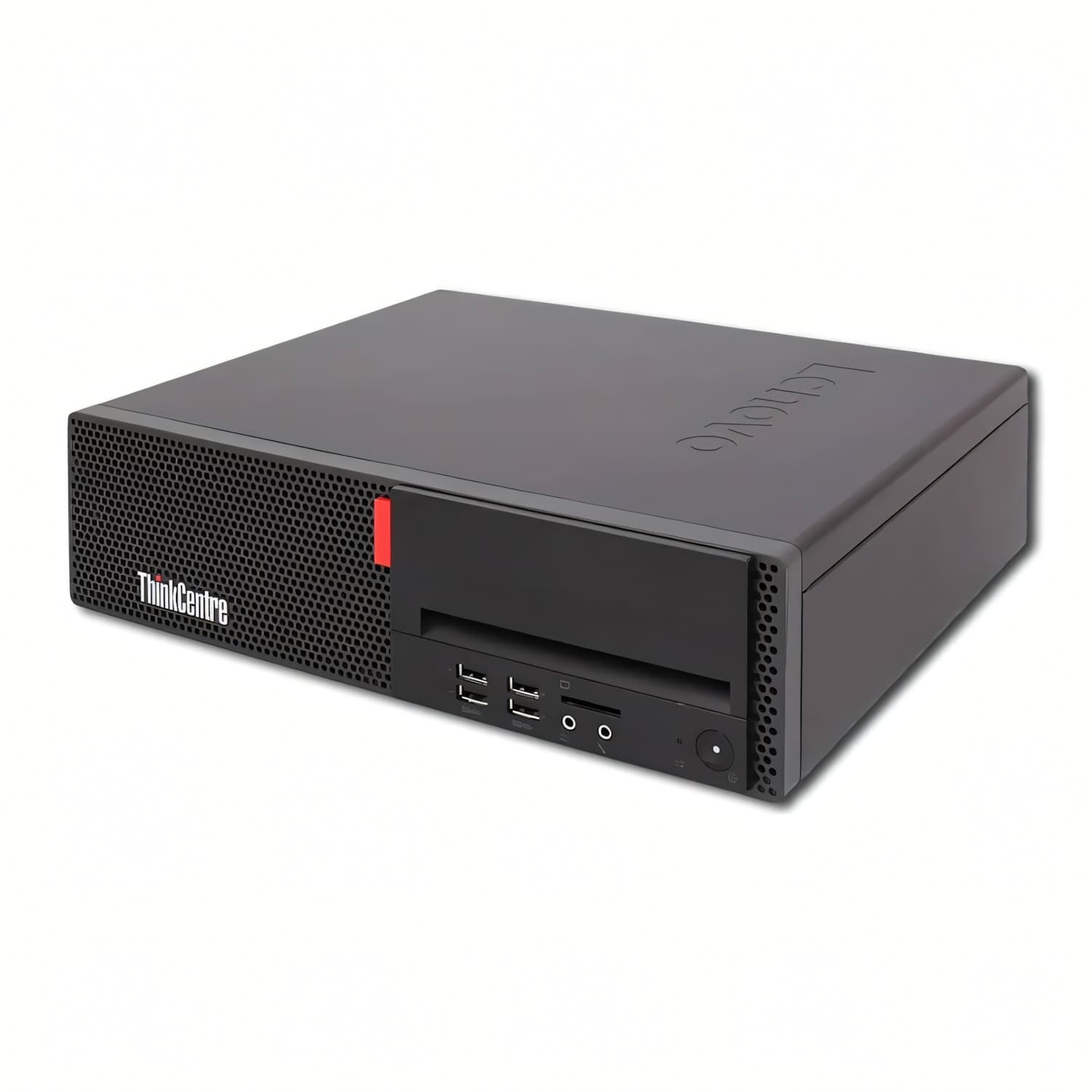 Una computadora Lenovo ThinkCentre negra. Tiene una parte frontal de malla, una franja roja y puertos. El logotipo de Lenovo está en la parte superior.