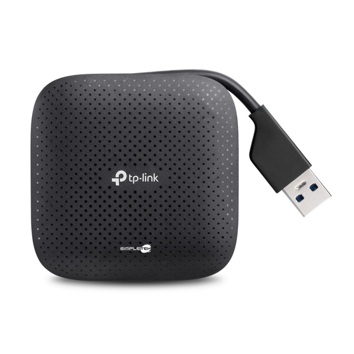 Schwarzes tp-link-Gerät mit USB-Kabel. Das Gerät ist quadratisch mit kleinen Löchern. USB-Anschluss ist silber und blau.