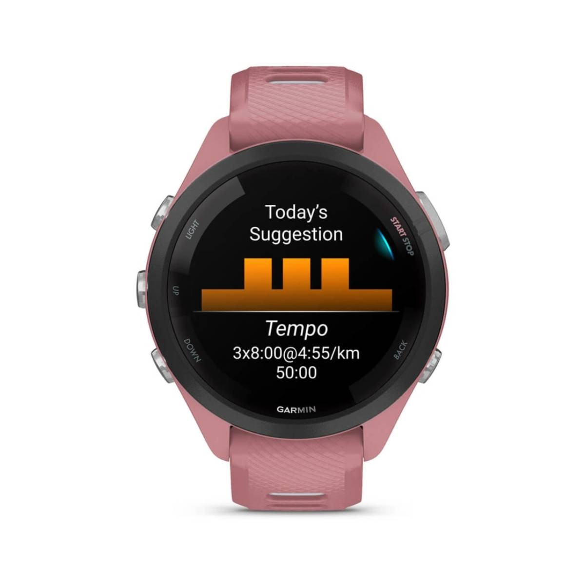 Różowy smartwatch Garmin wyświetla 'Dzisiejsza propozycja' i szczegóły treningu 'Tempo'. Zawiera czas, tempo i logo Garmin.