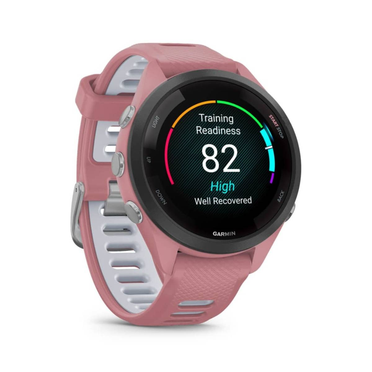 Różowy smartwatch Garmin wyświetla gotowość do treningu: 82, Wysoka, Dobrze zregenerowany. Biały i różowy pasek. Czarny pierścień.