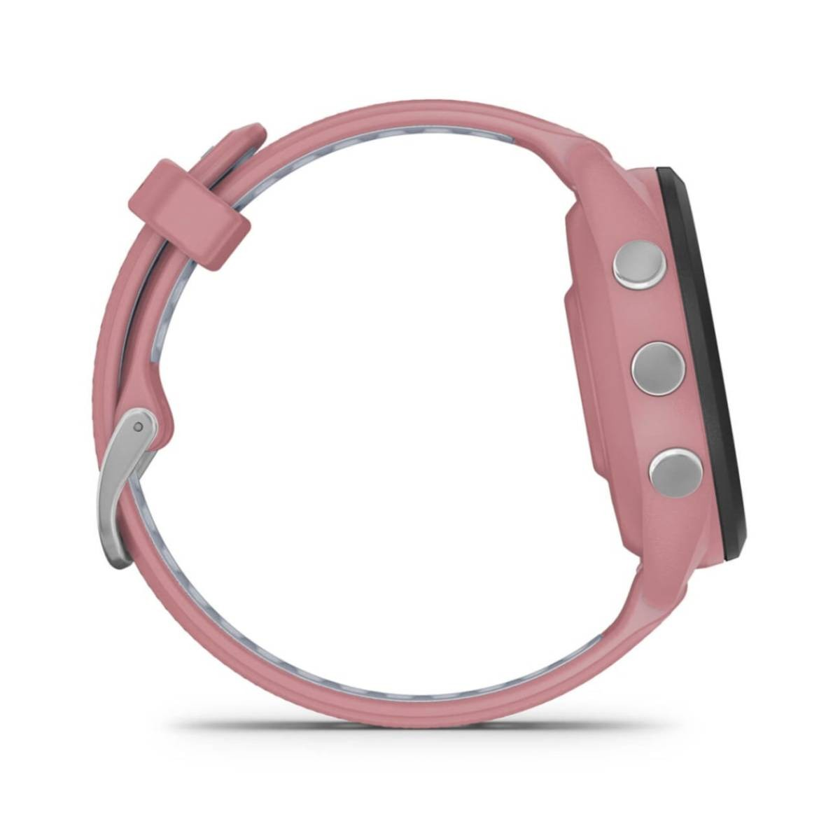 Różowy smartwatch, widok z boku. Zegarek ma trzy przyciski i czarny ekran. Pasek jest różowy ze srebrnym zapięciem.