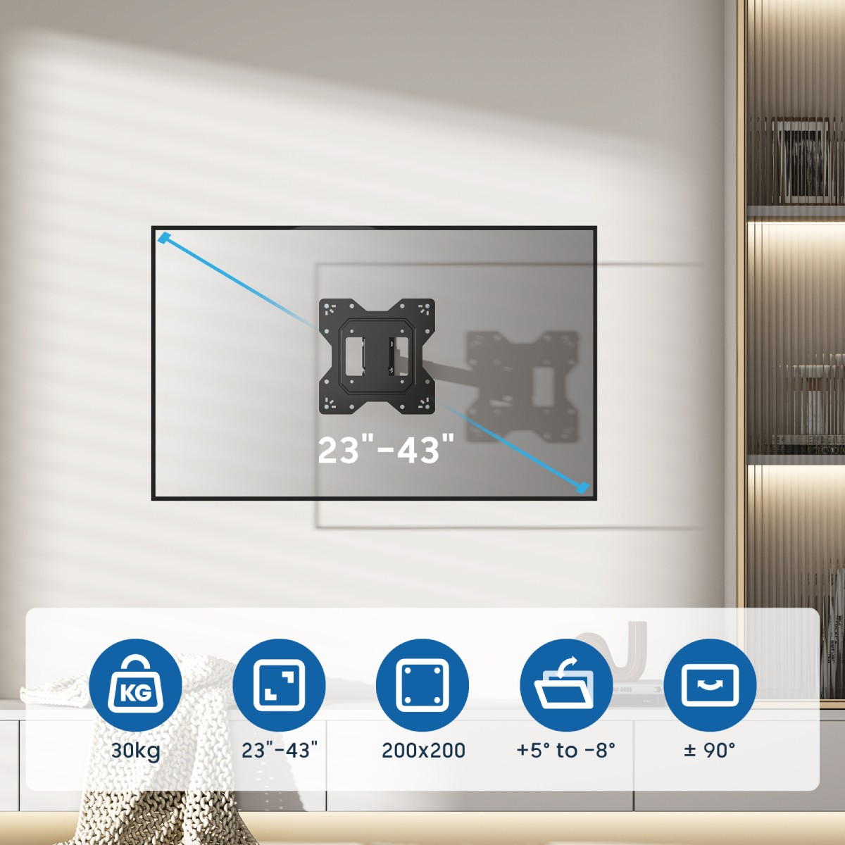 Un soporte de TV en una pared. Admite televisores de 23"-43", hasta 30 kg. Incluye inclinación +5° a -8° y giro ±90°.
