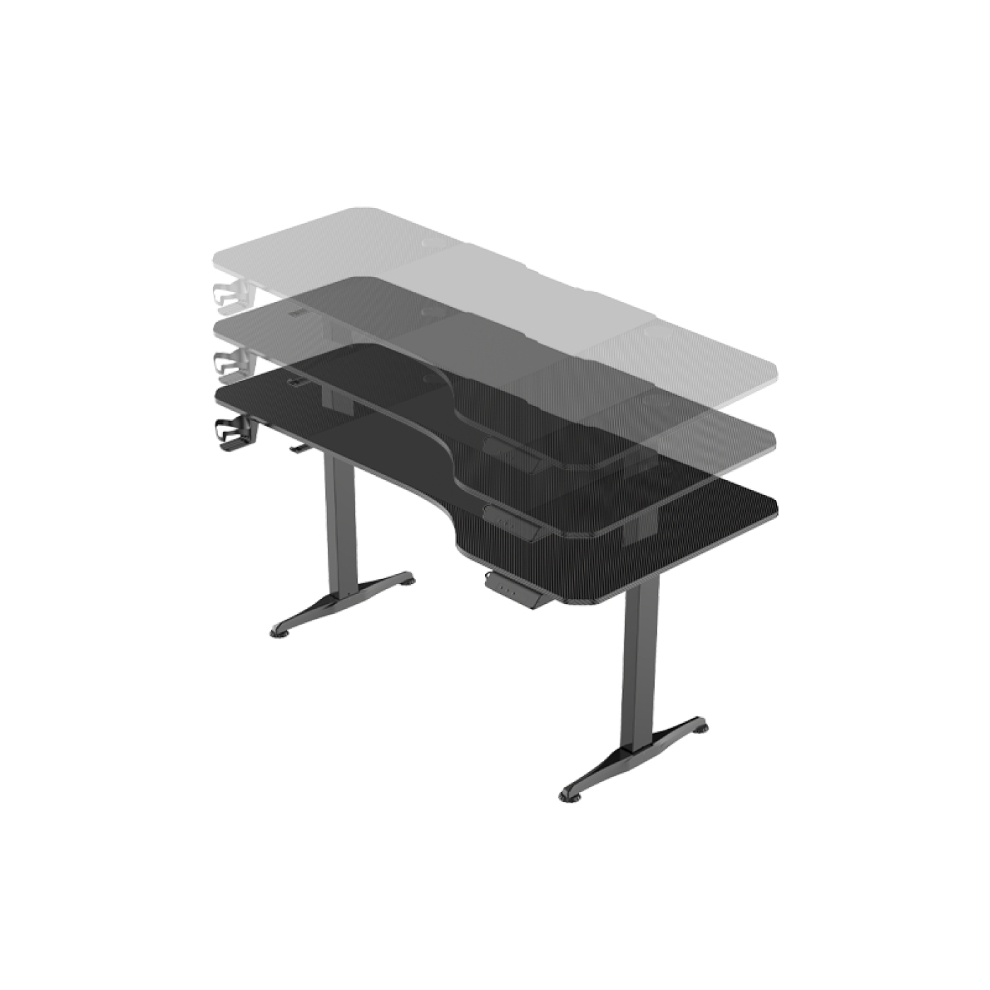 Isometrische Ansicht eines schwarzen, höhenverstellbaren Schreibtisches. Drei transparente Schreibtische zeigen die Höhenverstellung. Weißer Hintergrund.