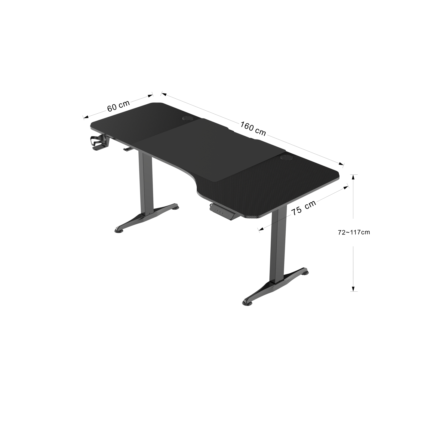 Ein schwarzer Gaming-Schreibtisch mit den angegebenen Abmessungen: 160 cm lang, 60 cm breit und 75 cm hoch, verstellbar.