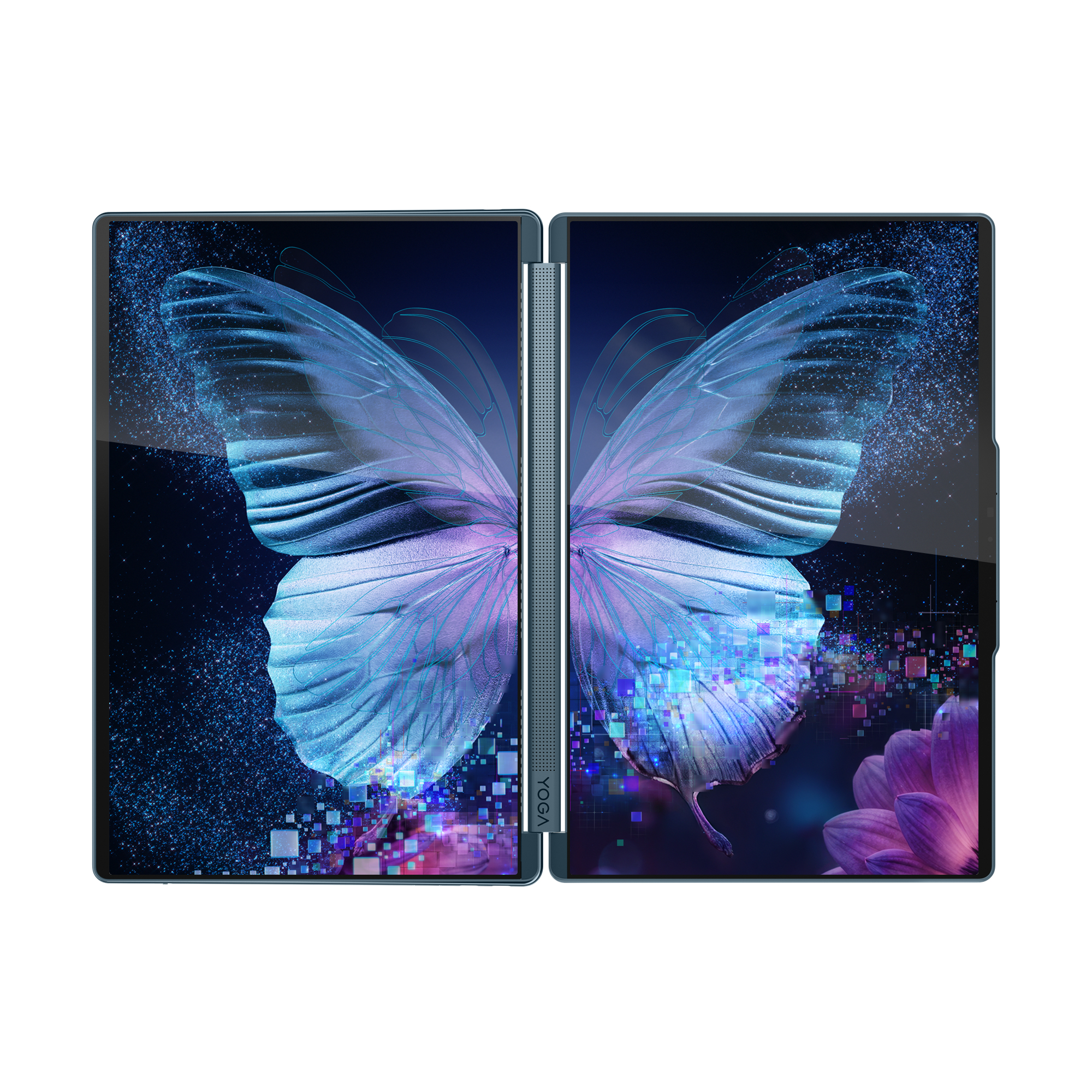 Ein Tablet ist geöffnet und zeigt ein Schmetterlingsdesign. Der Schmetterling ist blau und lila, mit digitalen Effekten.