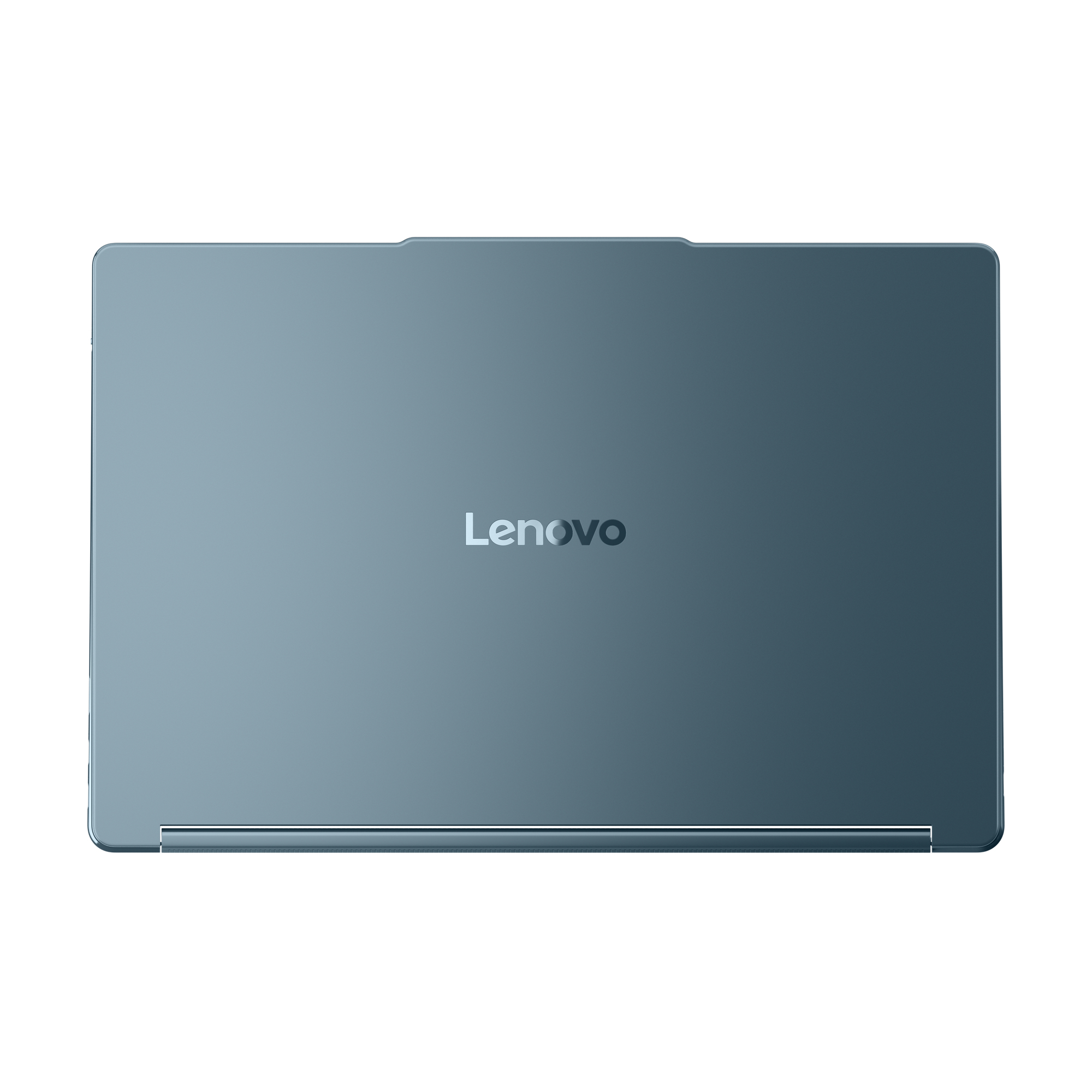 Ein teal Lenovo Laptop auf weißem Hintergrund. Das Lenovo-Logo befindet sich mittig auf dem Deckel.