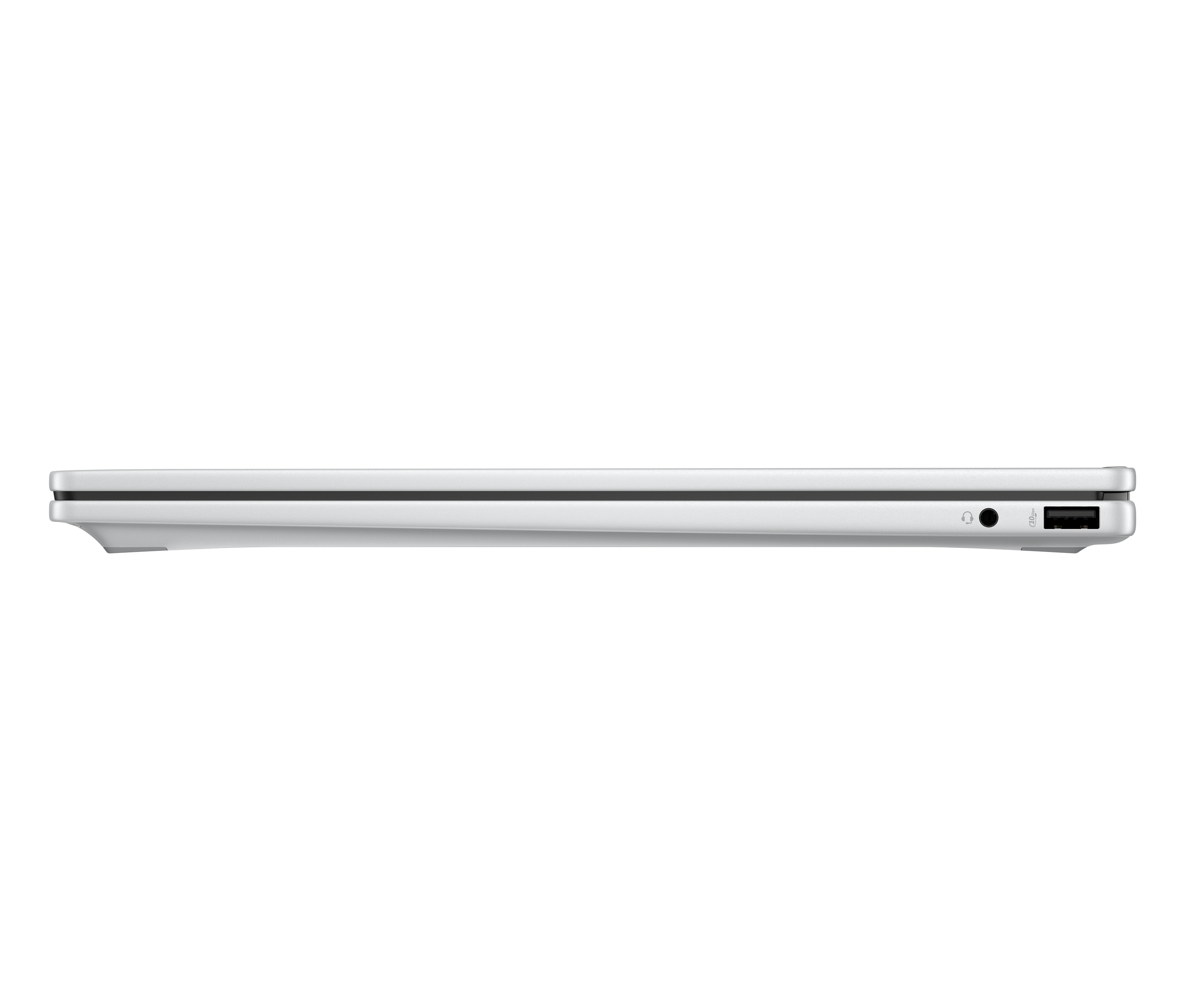 Vista laterale di un laptop argentato. Mostra porte per cuffie, USB e ricarica.