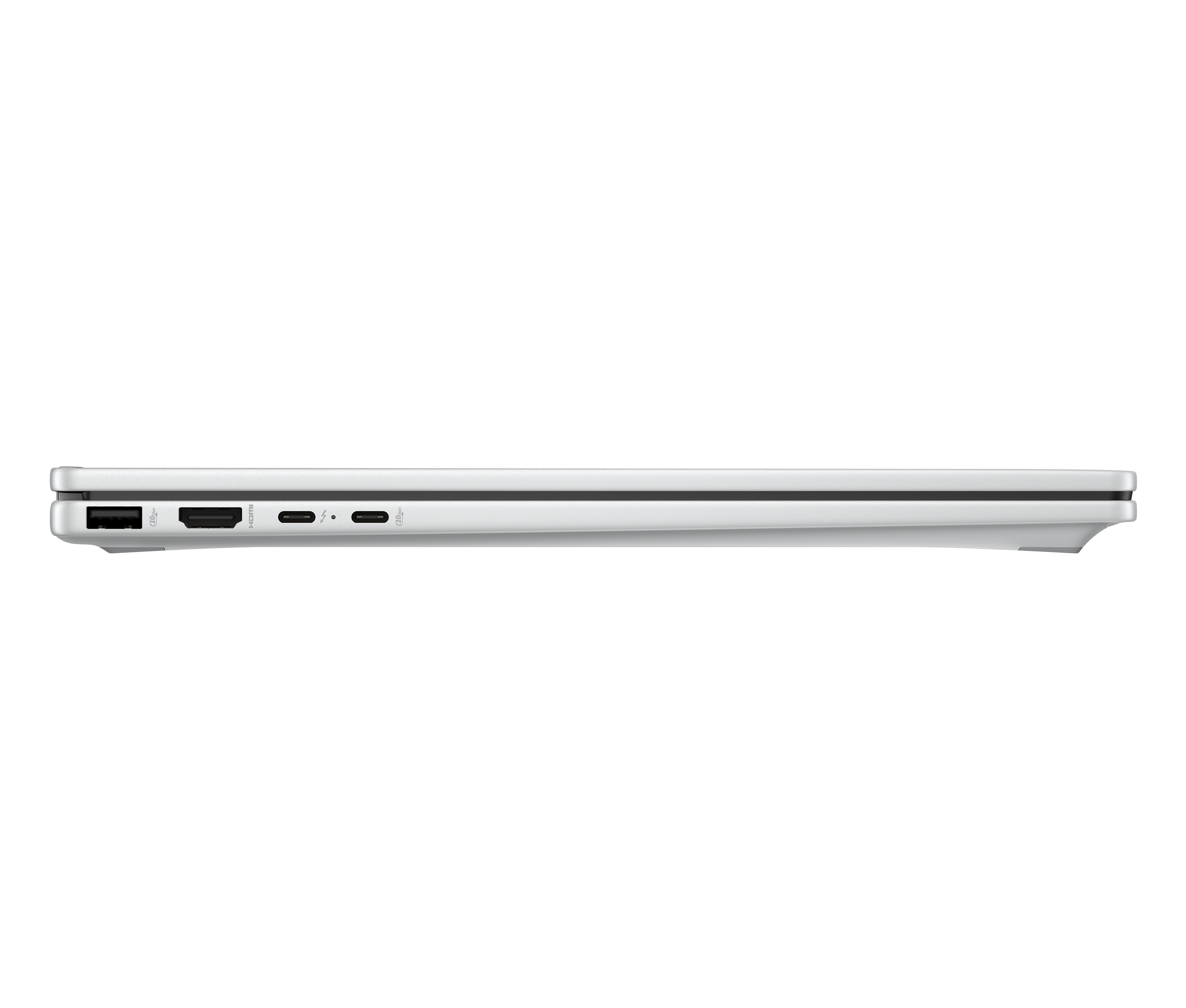 Vista laterale di un laptop argentato. Porte: USB, HDMI e USB-C. Il dispositivo è su sfondo bianco.
