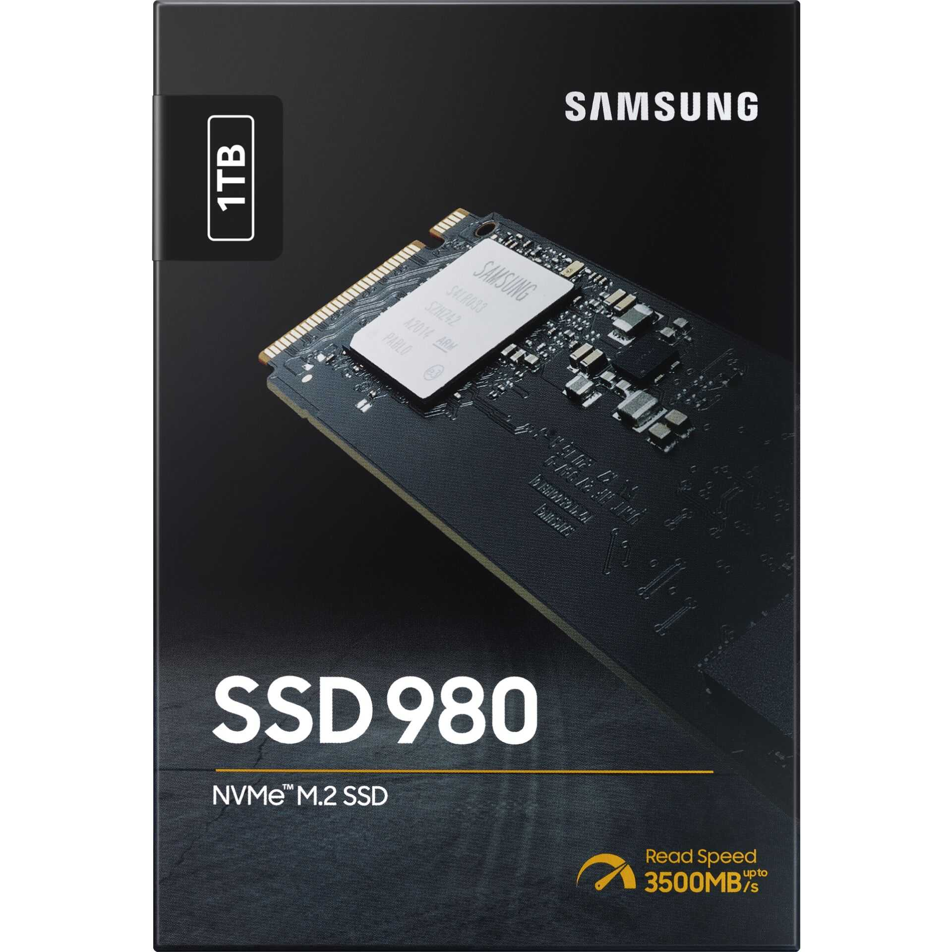 Dysk SSD 980 NVMe M.2 Samsung. Czarne pudełko z etykietą 1 TB, informacjami o produkcie i prędkości odczytu.