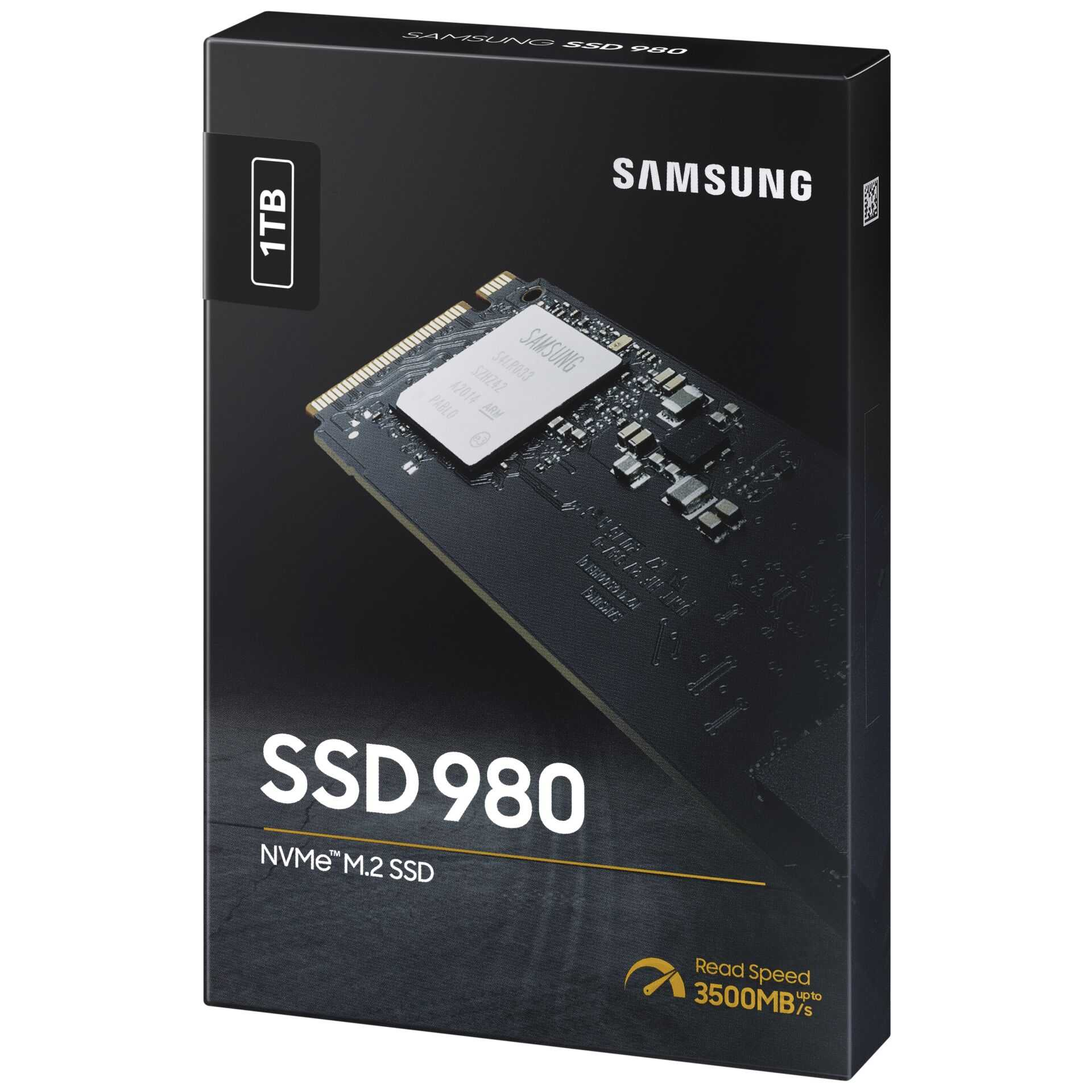 Pudełko Samsung SSD 980. Zawiera dysk SSD, logo Samsung i informacje o pojemności. Prędkość odczytu wynosi 3500MB/s.