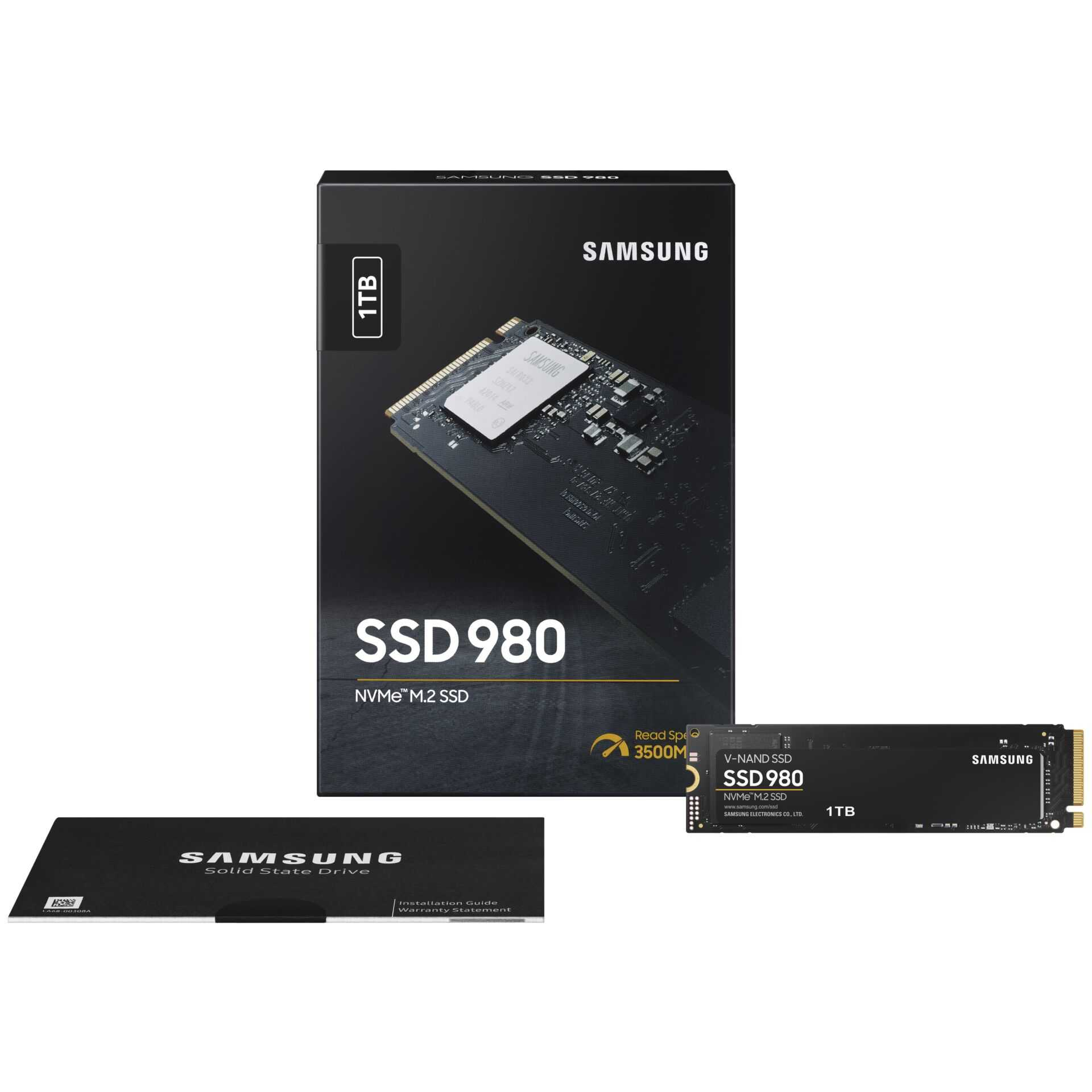 Opakowanie Samsung SSD 980 z dyskiem, czarnym pudełkiem i mniejszym dyskiem, wszystko na białym tle.
