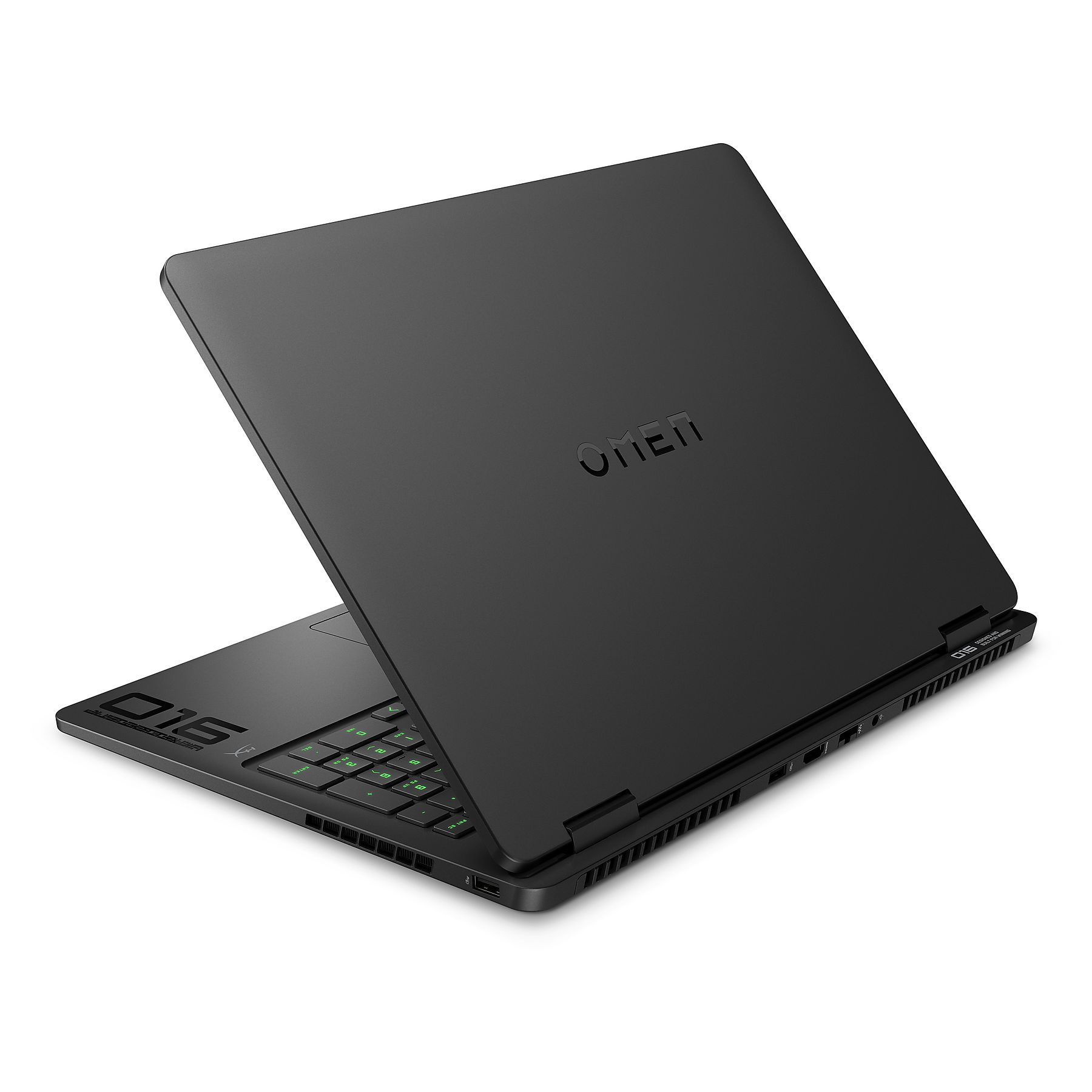 Il laptop OMEN nero è parzialmente aperto, mostrando la tastiera e il retro con il logo OMEN. Lo sfondo è bianco.