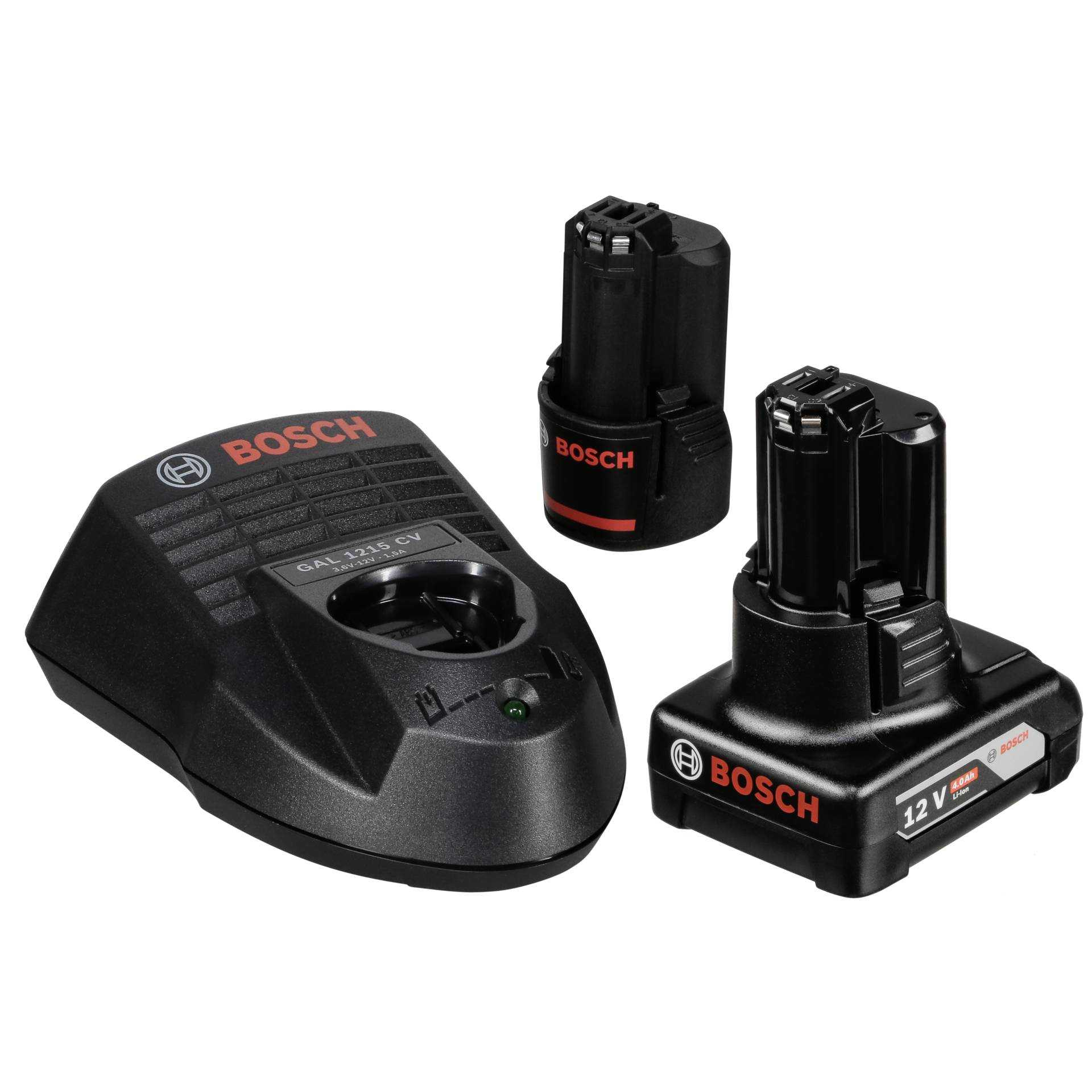 Czarna ładowarka Bosch i dwa akumulatory. Ładowarka po lewej, akumulatory po prawej. Wszystkie elementy na białej powierzchni.