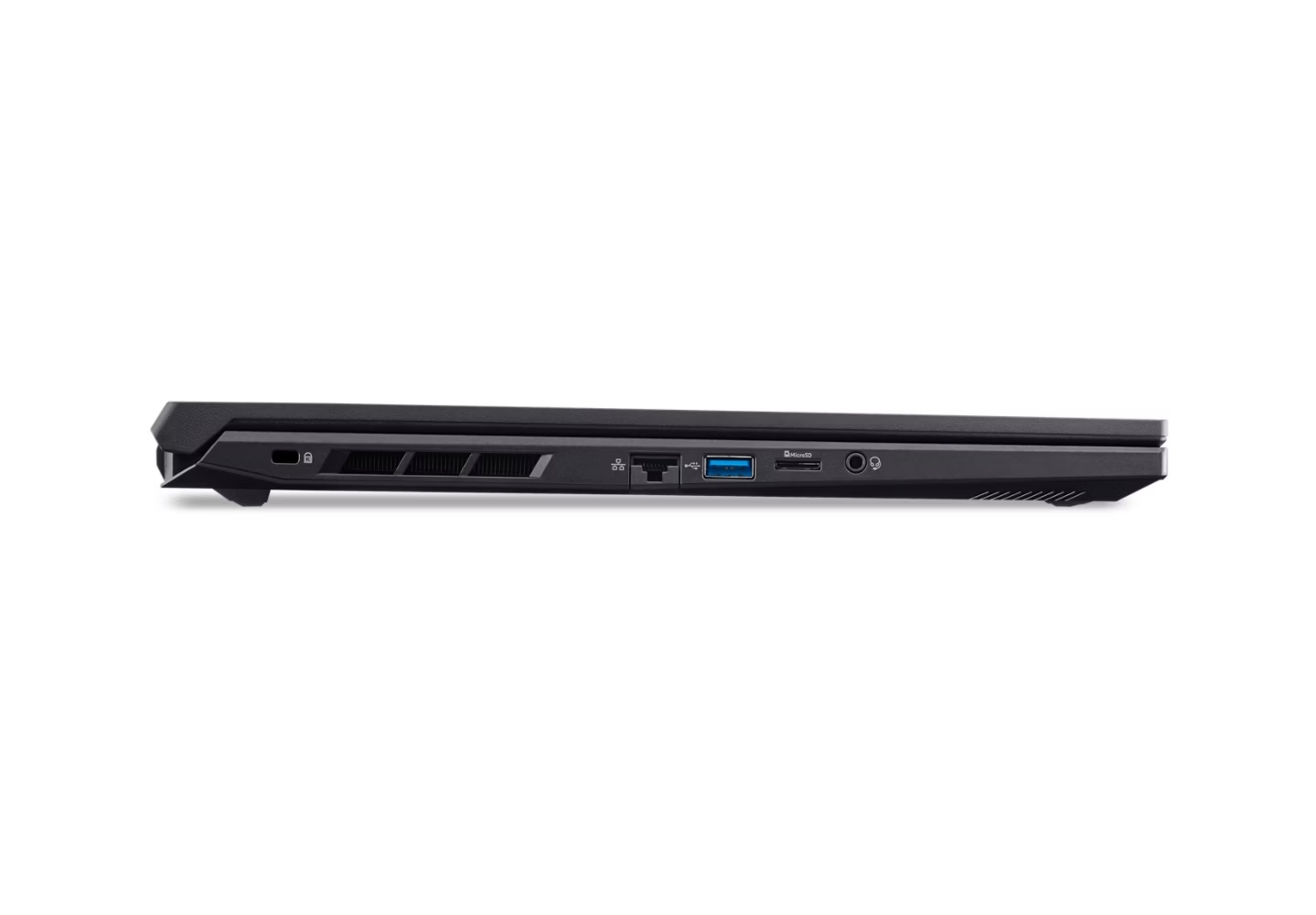Vista laterale di un laptop nero. Le porte includono USB, HDMI e uno slot MicroSD. Lo sfondo è bianco.