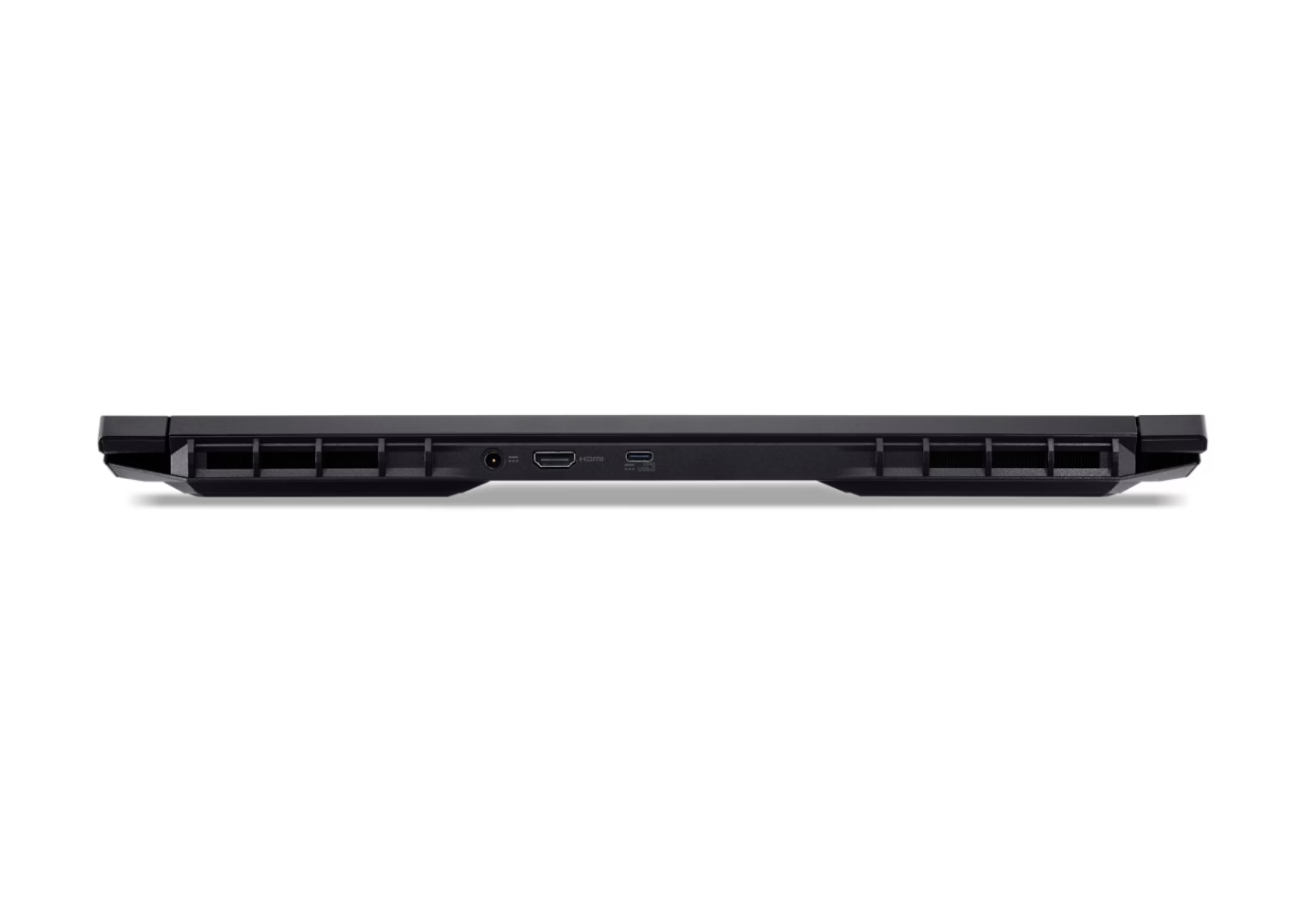 Base laptop nera con porte. Porte HDMI, USB e alimentazione visibili. Sfondo bianco.