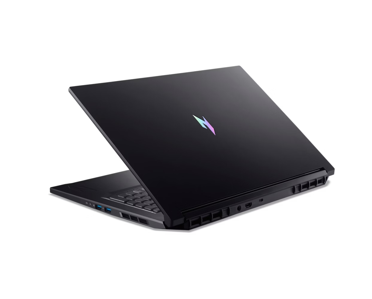 Laptop nero con coperchio aperto, che mostra tastiera e logo. Su sfondo bianco. Il logo è multicolore.