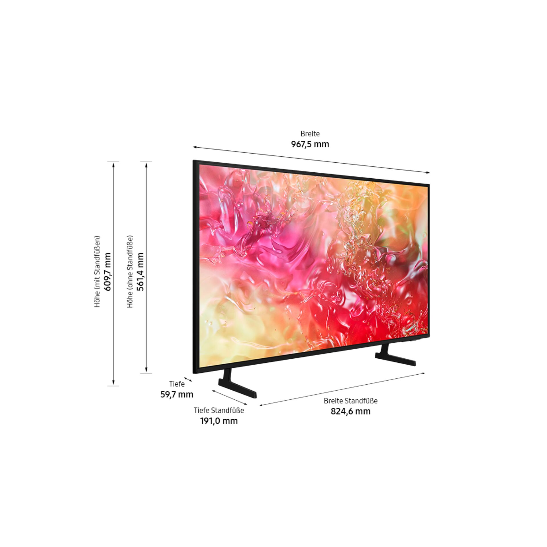 Ein Fernseher mit Maßangaben. Das Display zeigt ein rotes und gelbes abstraktes Bild. Es hat schwarze Ständer.