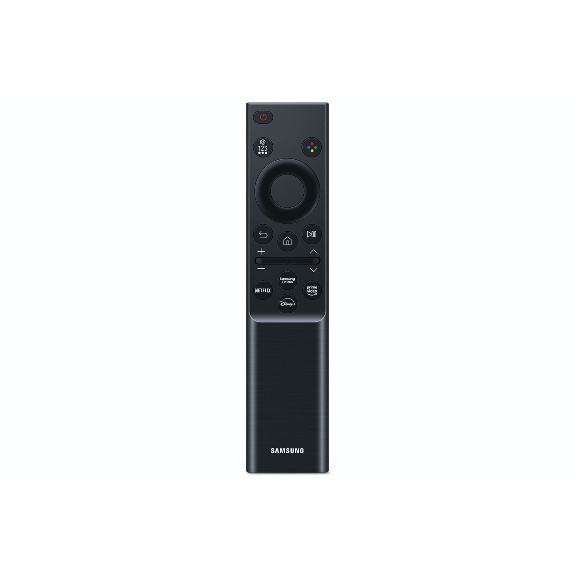 Schwarze Samsung TV-Fernbedienung auf weißem Hintergrund. Tasten sind u.a. Ein/Aus, Zahlen, Navigation, Lautstärke, Netflix und Disney+.