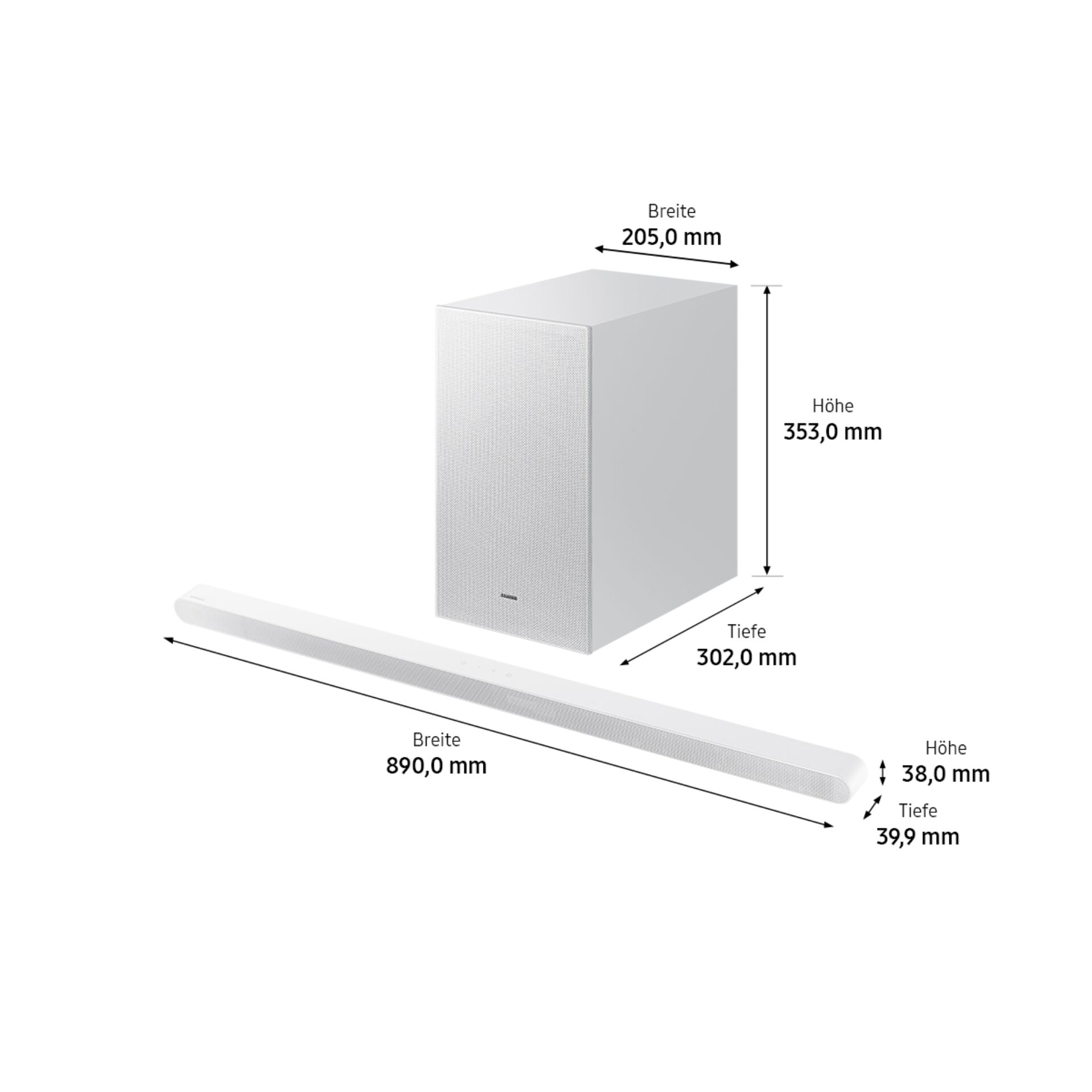 Eine weiße Soundbar und ein Subwoofer. Abmessungen sind angegeben. Die Soundbar ist lang, der Subwoofer ein weißer Würfel.