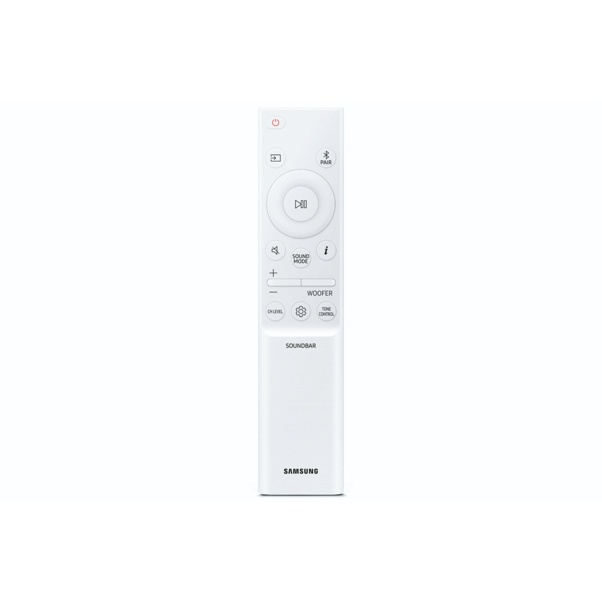 Eine weiße Samsung Soundbar-Fernbedienung. Zu den Funktionen gehören Ein/Aus, Kopplung, Lautstärkeregelung, Soundmodus und Woofer-Anpassungen.
