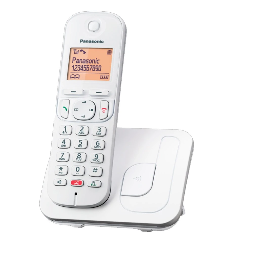 Un telefono cordless Panasonic bianco con base. Il telefono ha un display che mostra un numero di telefono e pulsanti per la composizione e altre funzioni.