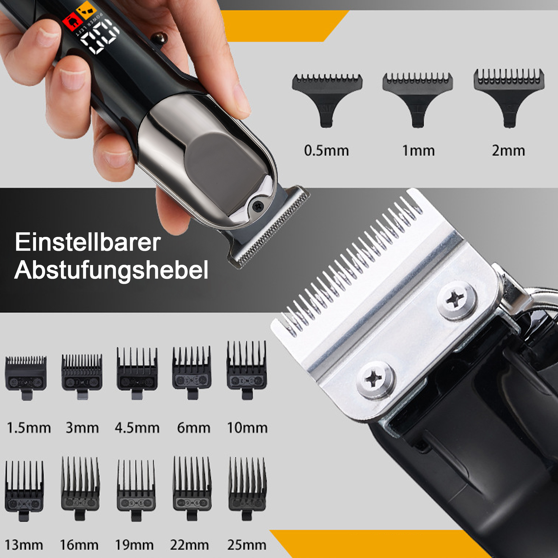 Eine Hand hält einen schwarzen und silbernen Haarschneider. Scherköpfe verschiedener Größen werden mit Maßen angezeigt.