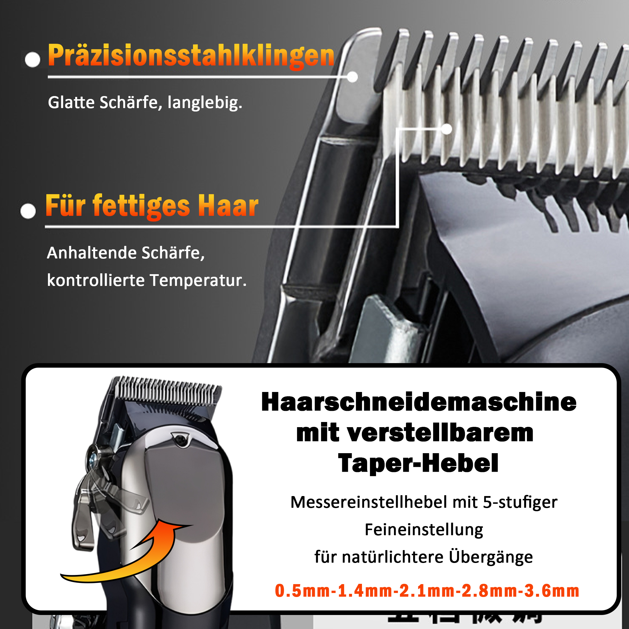 Haarschneider mit Edelstahlklingen. Merkmale: verstellbarer Taper-Hebel, Feineinstellungen und Schnittlängen.