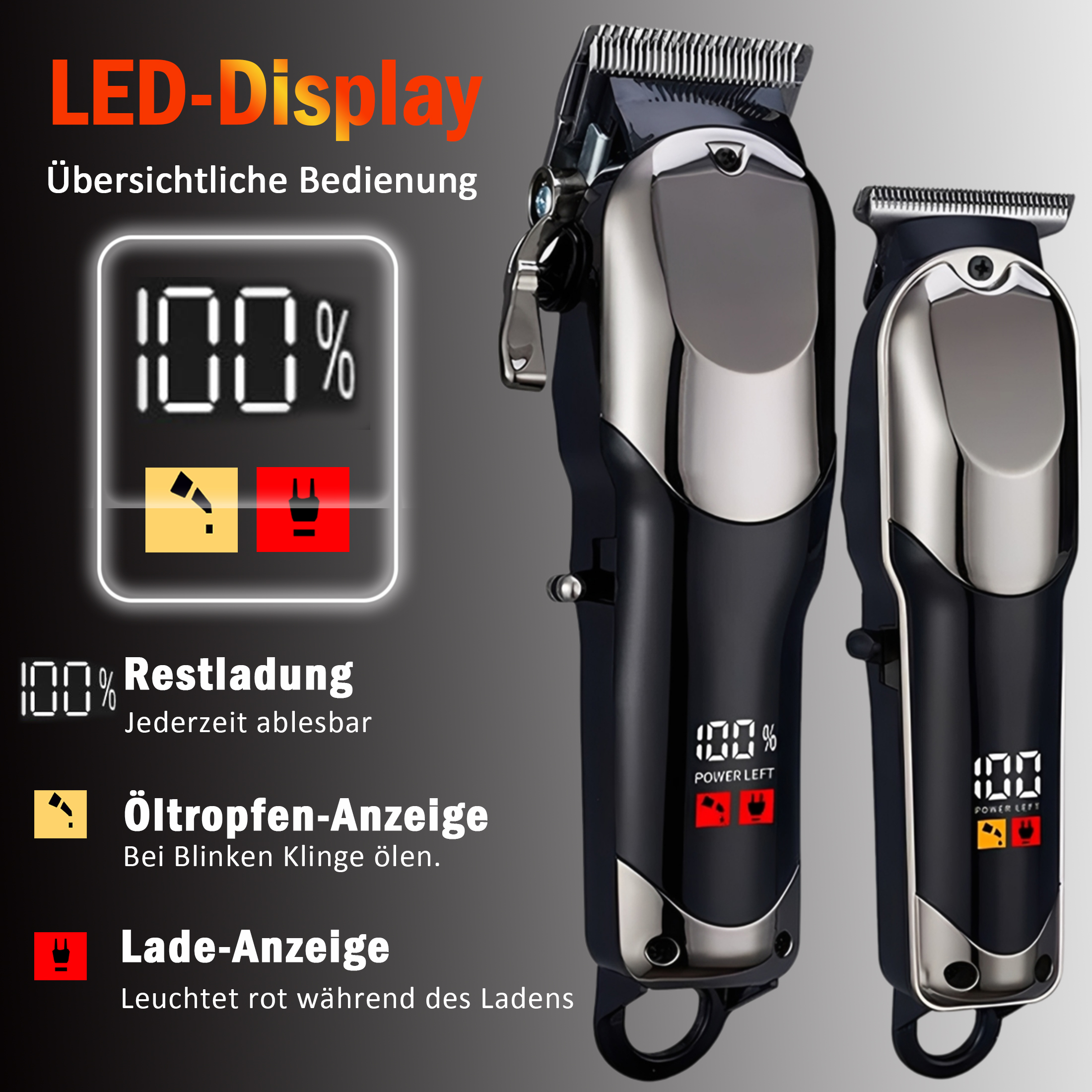 Zwei schwarze und silberne Haarschneidemaschinen mit Digitalanzeigen, die die Akkulaufzeit anzeigen. Eine zeigt Öl- und Ladestatus an.