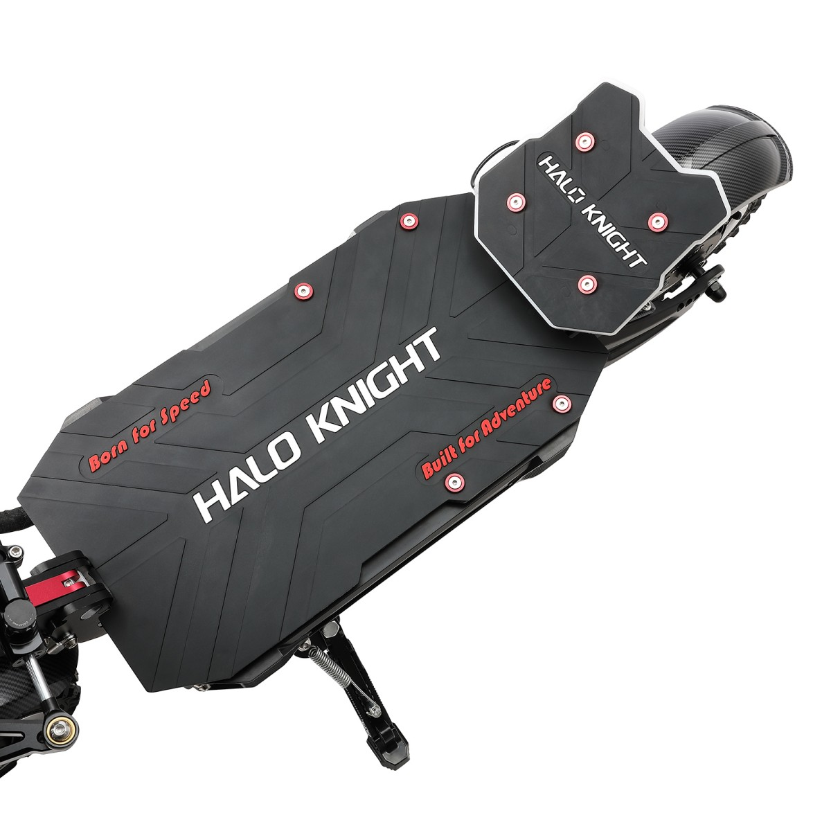 Czarny skuter elektryczny Halo Knight na białym tle. Ma biały tekst i czerwone akcenty, z napisami 'Born for Speed' i 'Built for Adventure'.